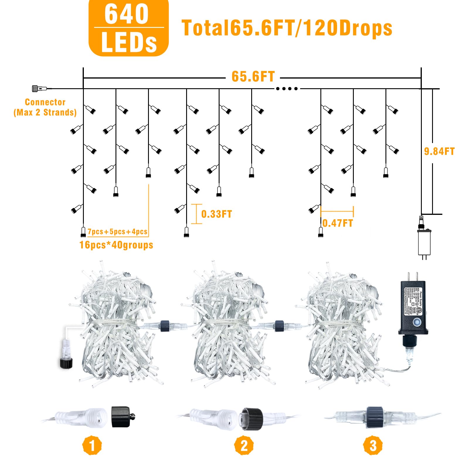 66Ft Icicle Lights For Outside  Red White And Green Christmas Lights Outdoor Indoor  640 Led Twinkle String Light With 120 Drops  Clear Wire Connectable Timer For Thanksgiving Room Home Wall Bedroom