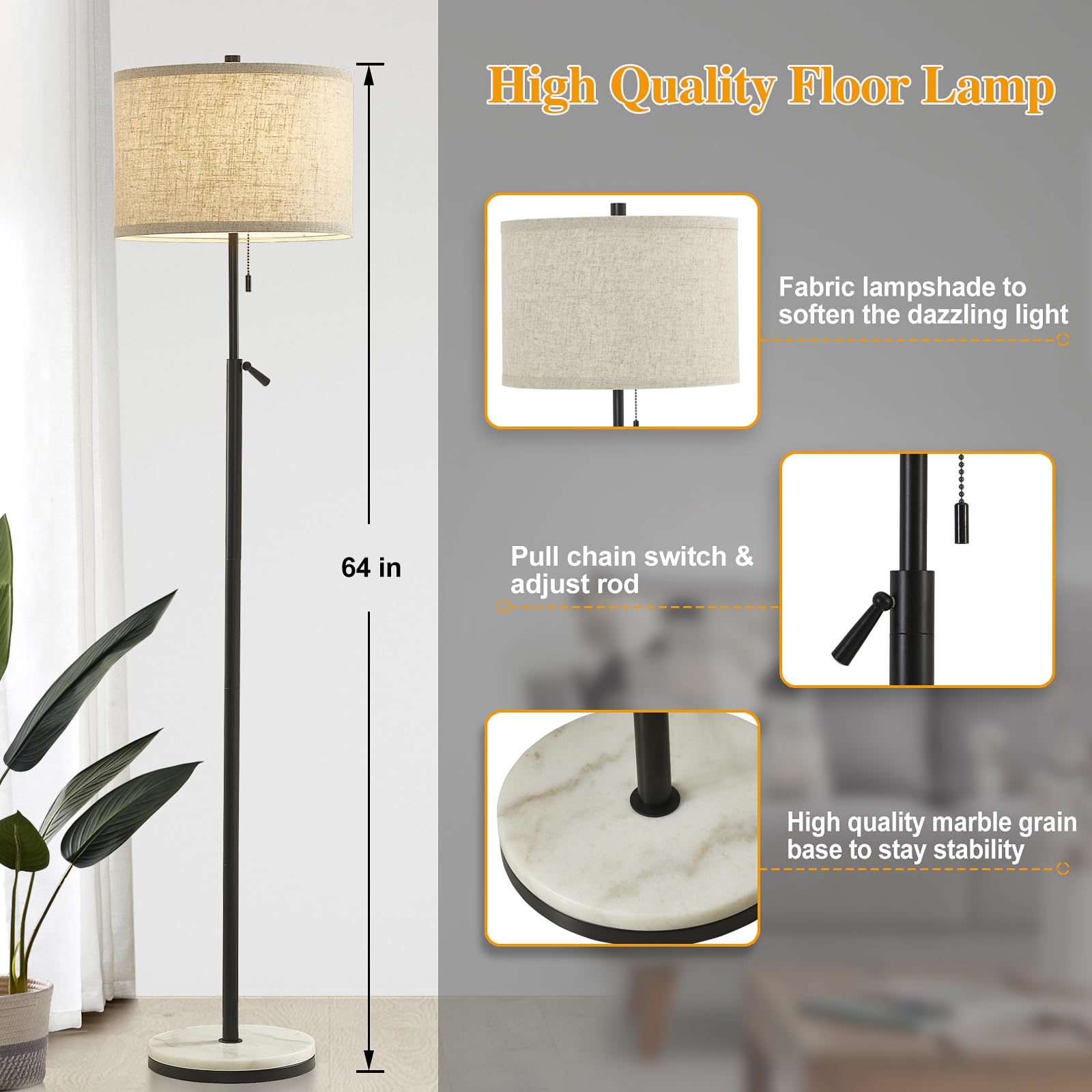 GyroVu Adjustable Height Marble Floor Lamp, Black, Pull Chain Switch, for Living Room & Office