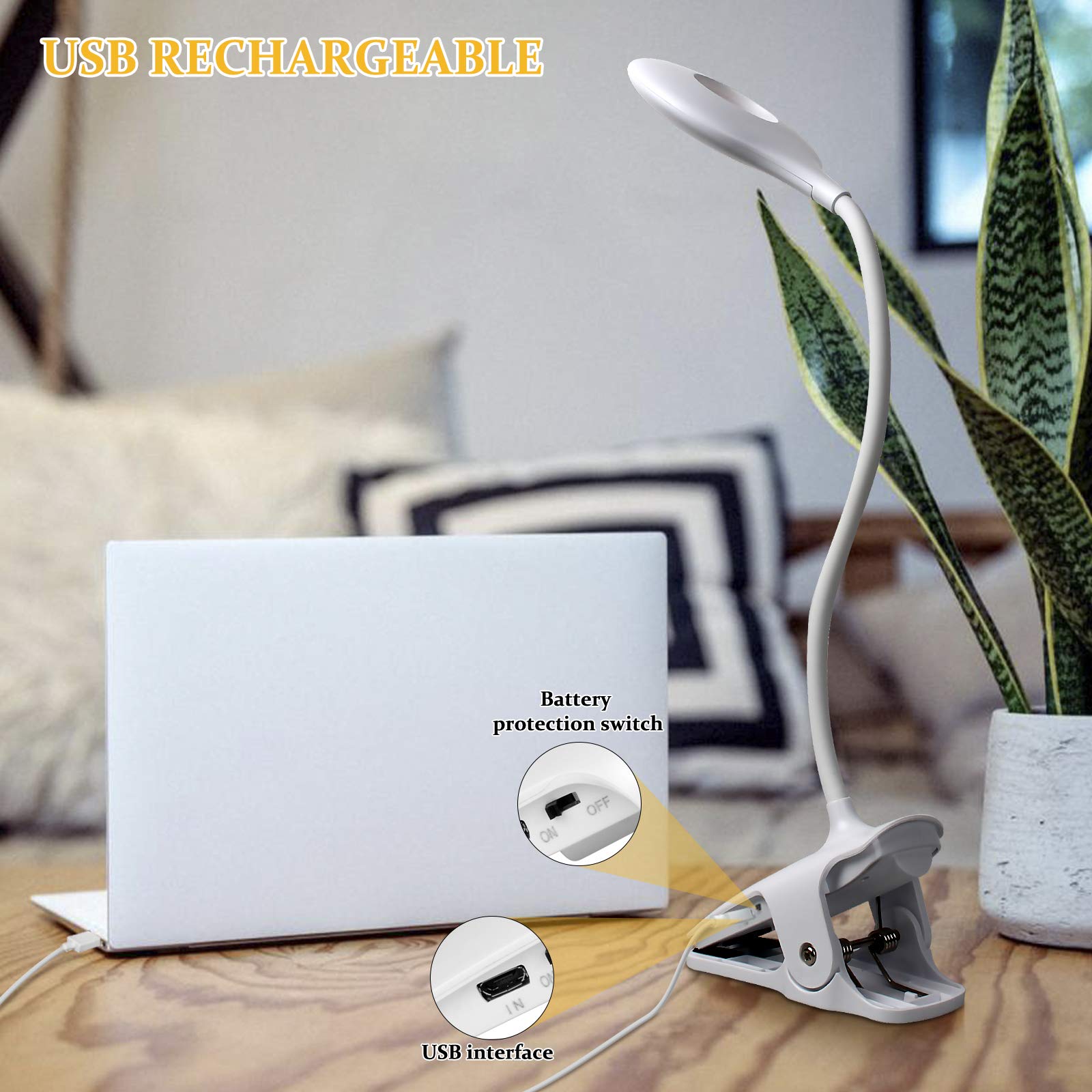 Semlos LED Desk Light, USB Rechargeable Clip Table Lamp, Battery Powered Bedside Reading Lights, 3 Colors 3 Brightness, Touch Co