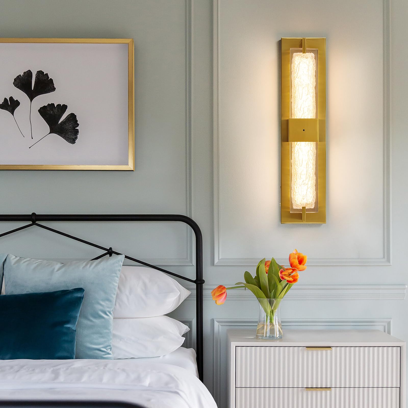 WOSHITU Battery Operated Wall Sconce - 19" Gold Dimmable LED Light, Wireless Rechargeable, Iron Modern Fixture for Living Room, Bedroom, Bathroom
