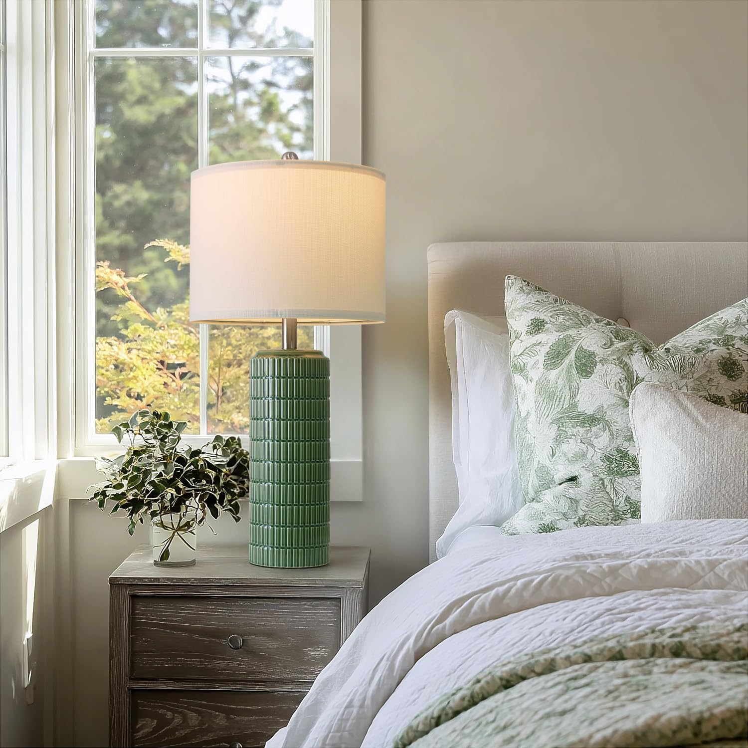 PoKat 27.5" Dark Green Ceramic Table Lamps Set of 2 - Modern Farmhouse Nightstand Decor for Living Room and Bedroom