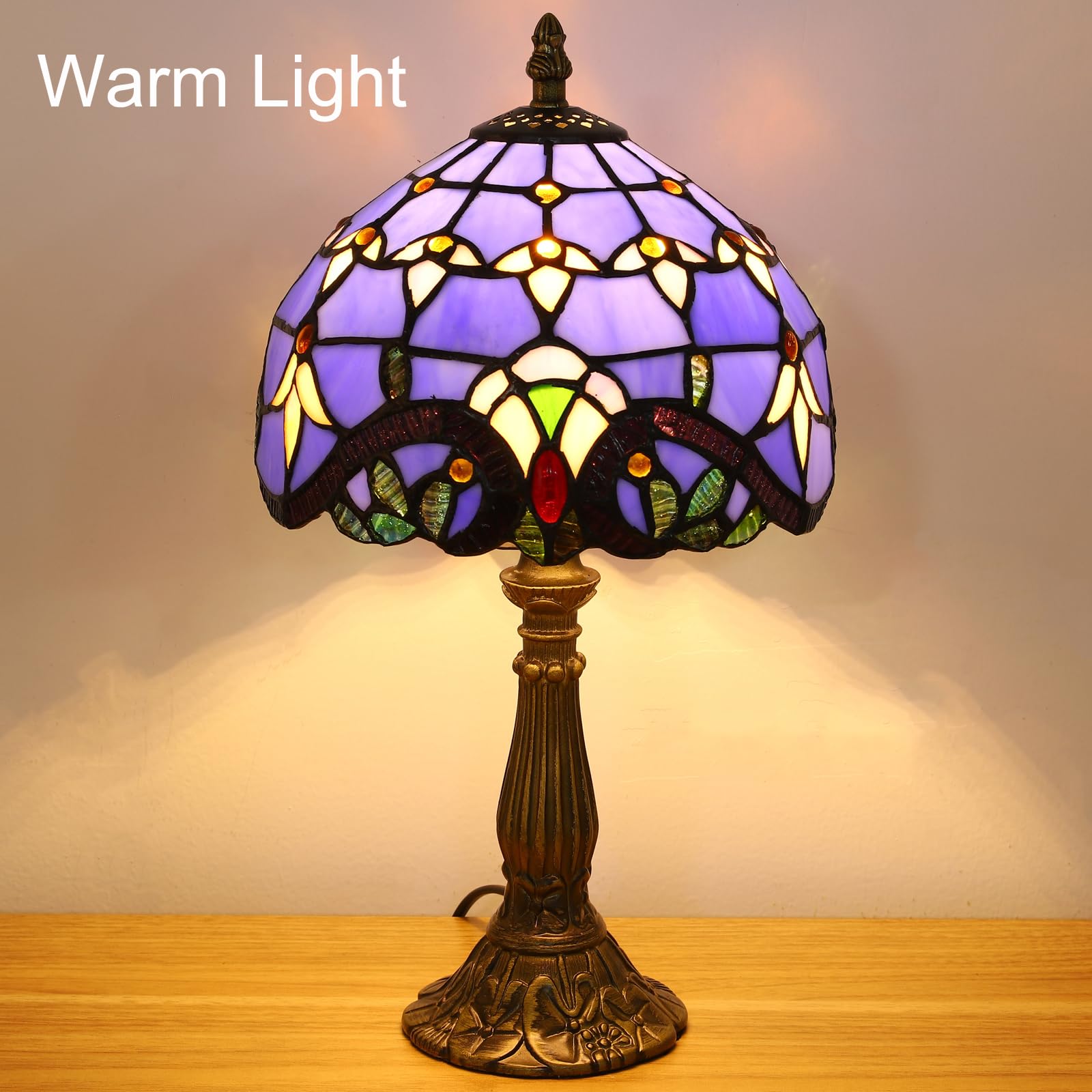 tuomoxte Tiffany Style Table Lamp, Blue Stained Glass, 8 Inch Antique Design for Bedroom, Living Room, Home Office, Includes LED Bulb