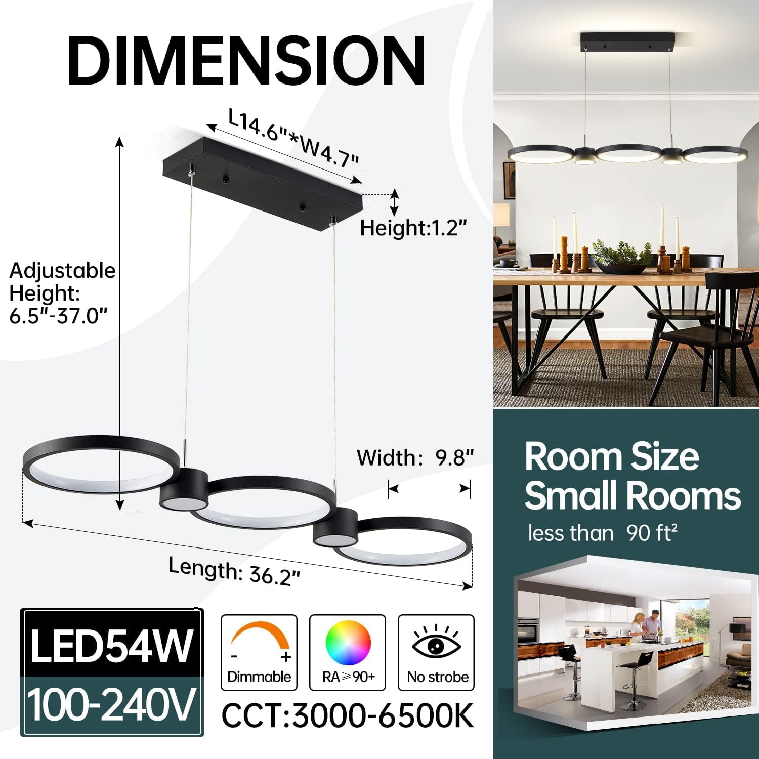 Irefveer Modern LED Chandelier Light, Dimmable Pendant Fixture, Height-Adjustable, Black, 3Ring-36IN, Model KG-MT02