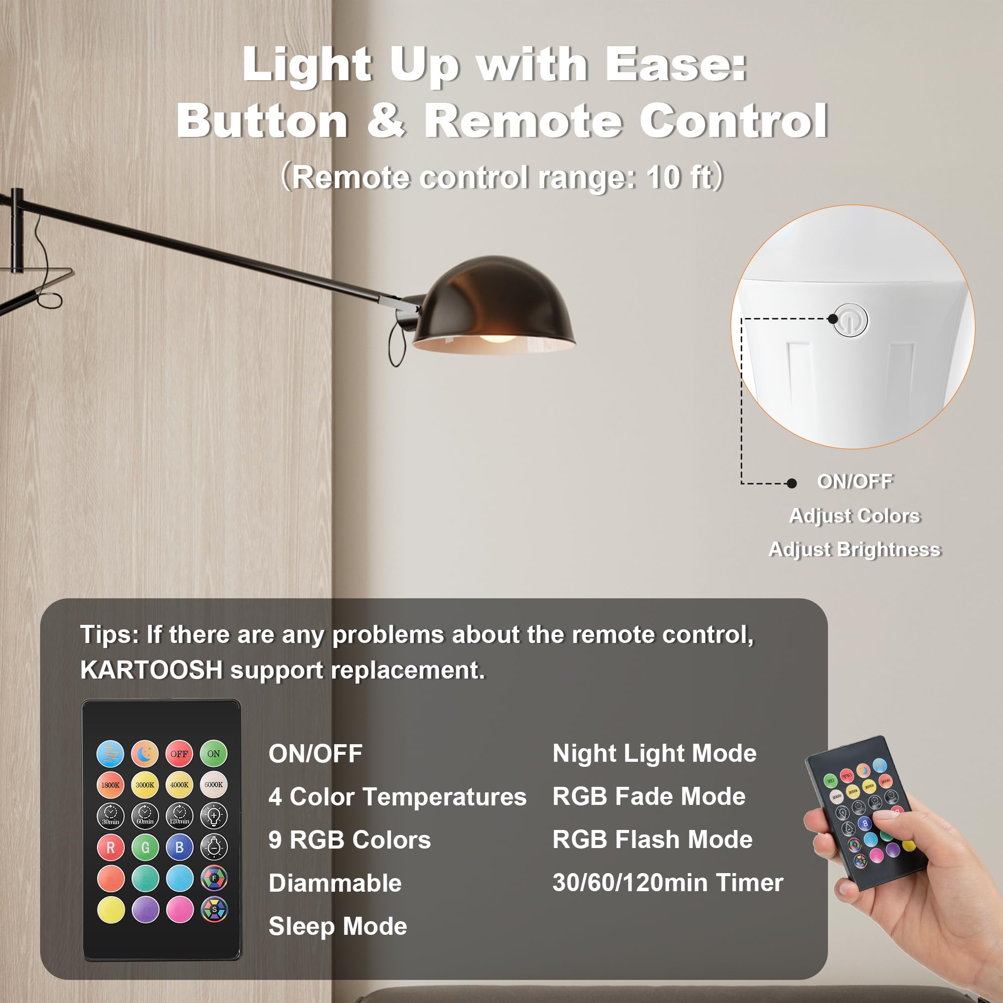 KARTOOSH E26 Rechargeable LED Light Bulbs, Dimmable, Remote Control, 4 Color Temps, 2 Pack, White, ABS Material