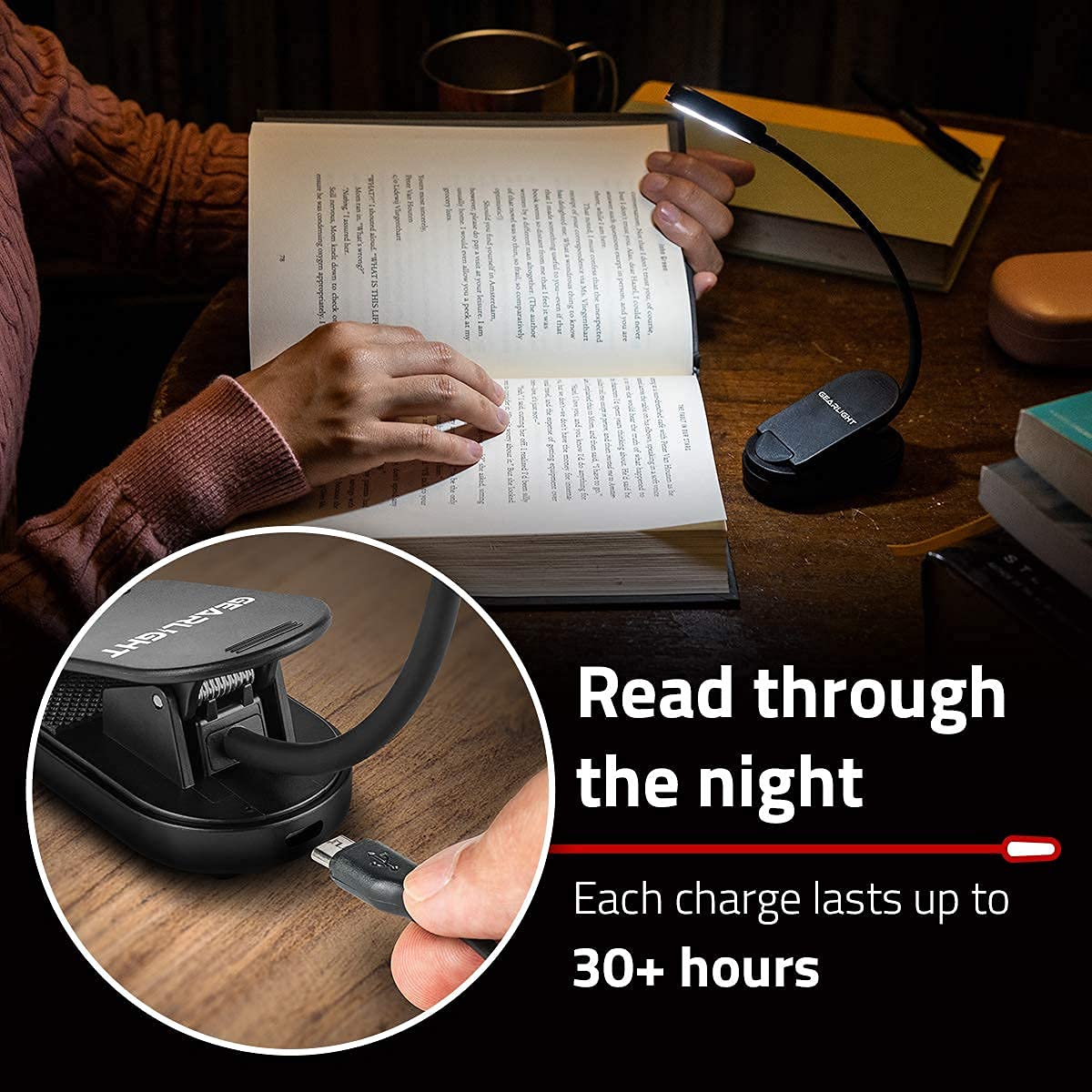 GearLight Rechargeable Clip-on Book Light - 2-Pack, Adjustable LED, Flexible Neck, Black, Model GL-BLN-2P