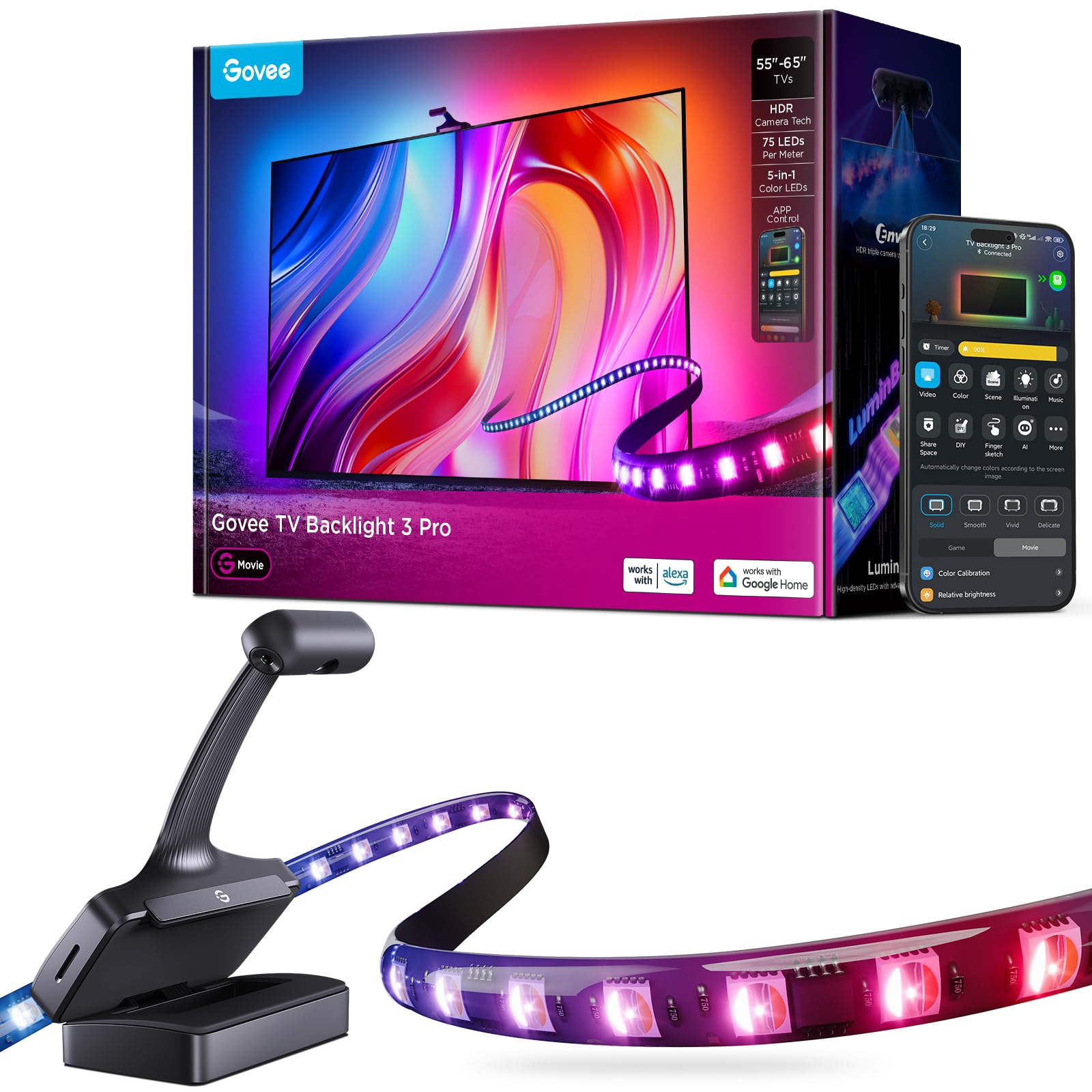 Govee TV Backlight 3 Pro with HDR Triple Camera  11.8ft 5-in-1 RGBWWIC LED Band Lights That Change with 55-65 Inch TVs  75LEDs/m  Supports AI Filter  Smart App and Voice Control  DreamView Sync