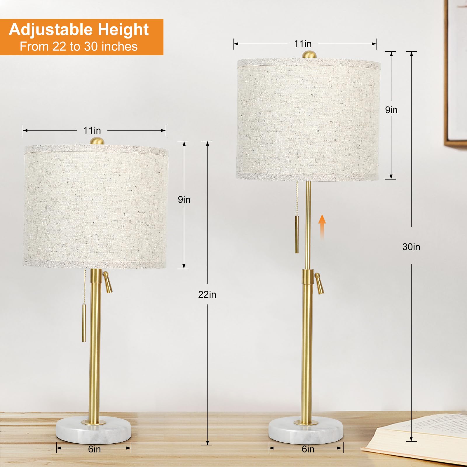 Table Lamp Set Of 2: 22'' To 30'' Height Adjustable Pull Chain Switch For Living Room Bedroom End Table, Marble Base Beige Linen