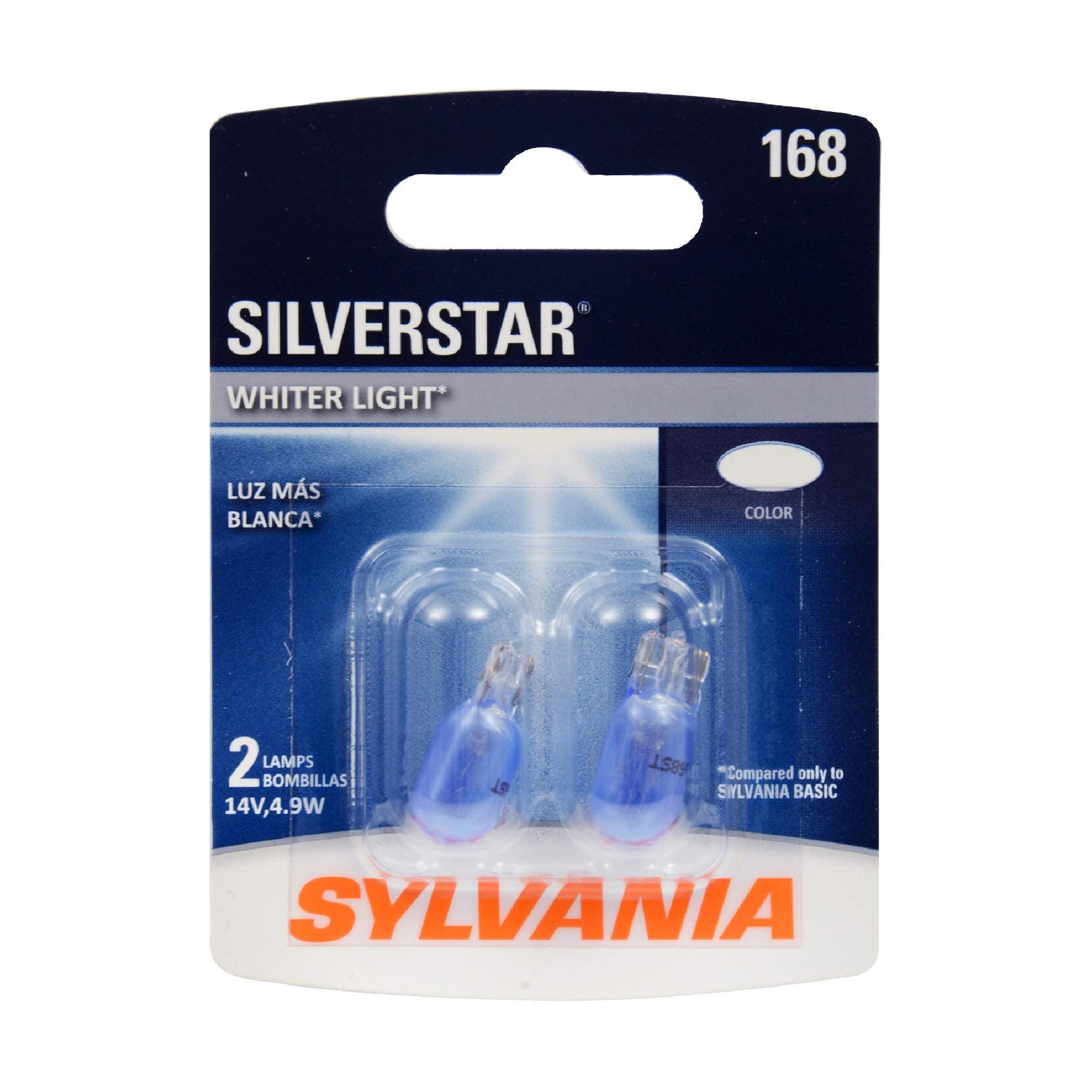 SYLVANIA 168 SilverStar Mini Bulb - Brighter Whiter Light, Ideal for Interior & CHMSL, Model 168ST.BP2, Contains 2 Bulbs