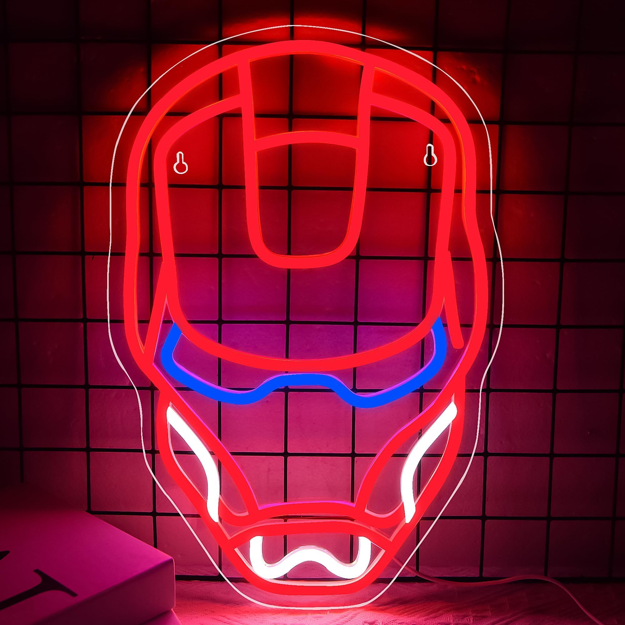 FTMGGDG Iron LED Neon Light Sign - Superhero Design, 16.5x11 inches, Acrylic, Red/Blue/White, Model FMXD100