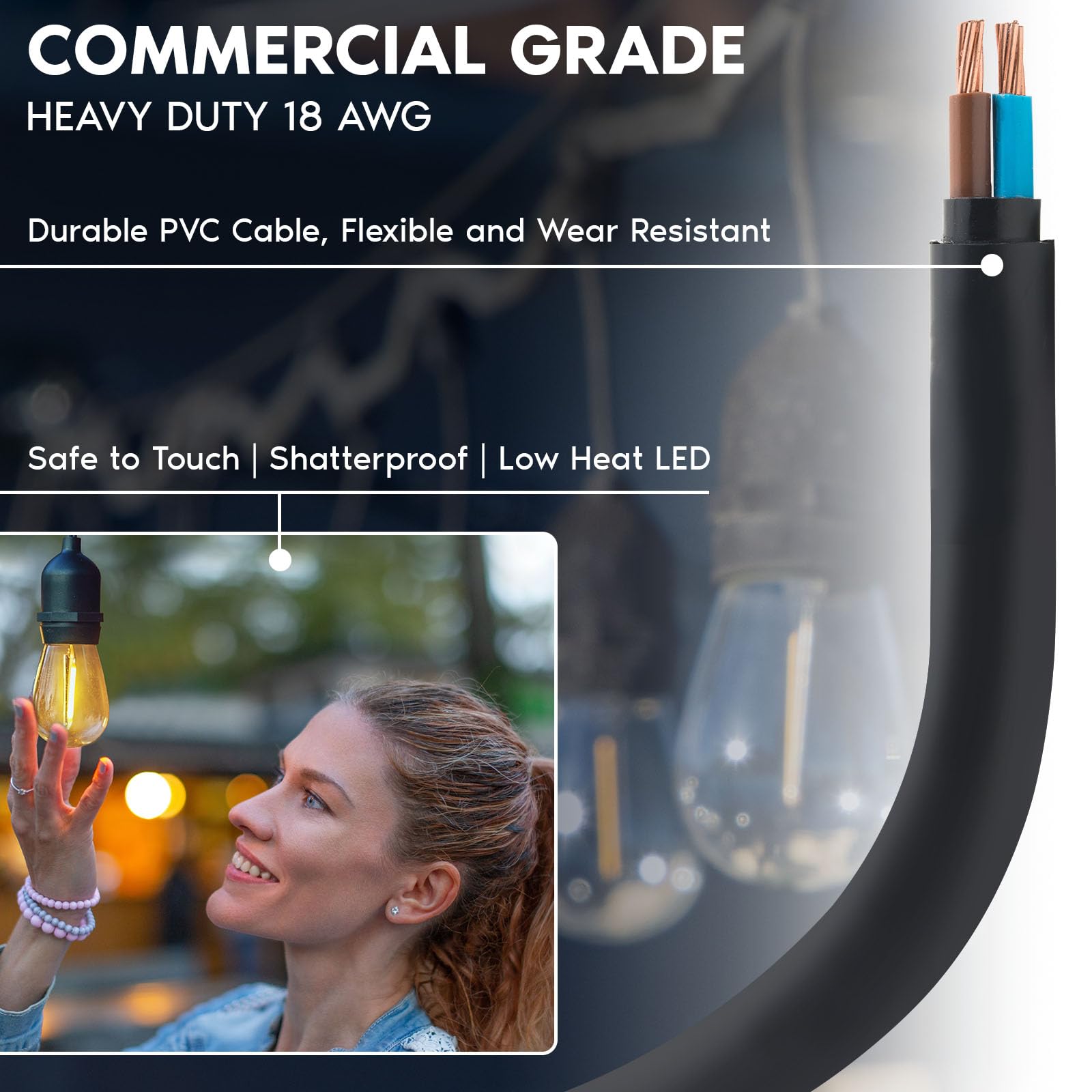 Luxrite 24Ft Led Outdoor String Lights Commercial Grade Waterproof, 12 Edison S14 Shatterproof Bulbs, Hanging Lights For Patio,