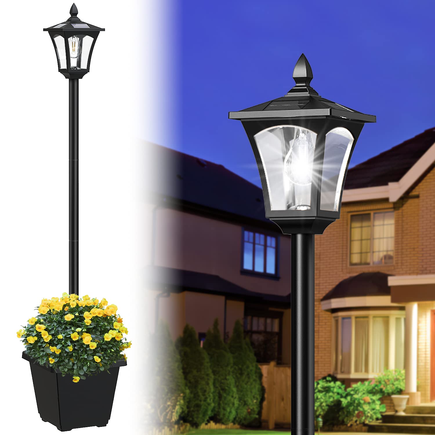 Icerona 64 Inch Outdoor Solar Lamp Post with Planter, 60 High Lumen Street Light, Waterproof for Pathway, Garden, Driveway, Lawn