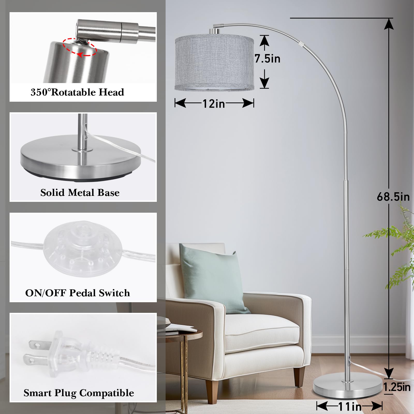 Silver Arc Floor Lamp For Living Room, Modern Standing Lamp With Adjustable Head Tall Pole Lamp With On/Off Pedal Switch Over Co