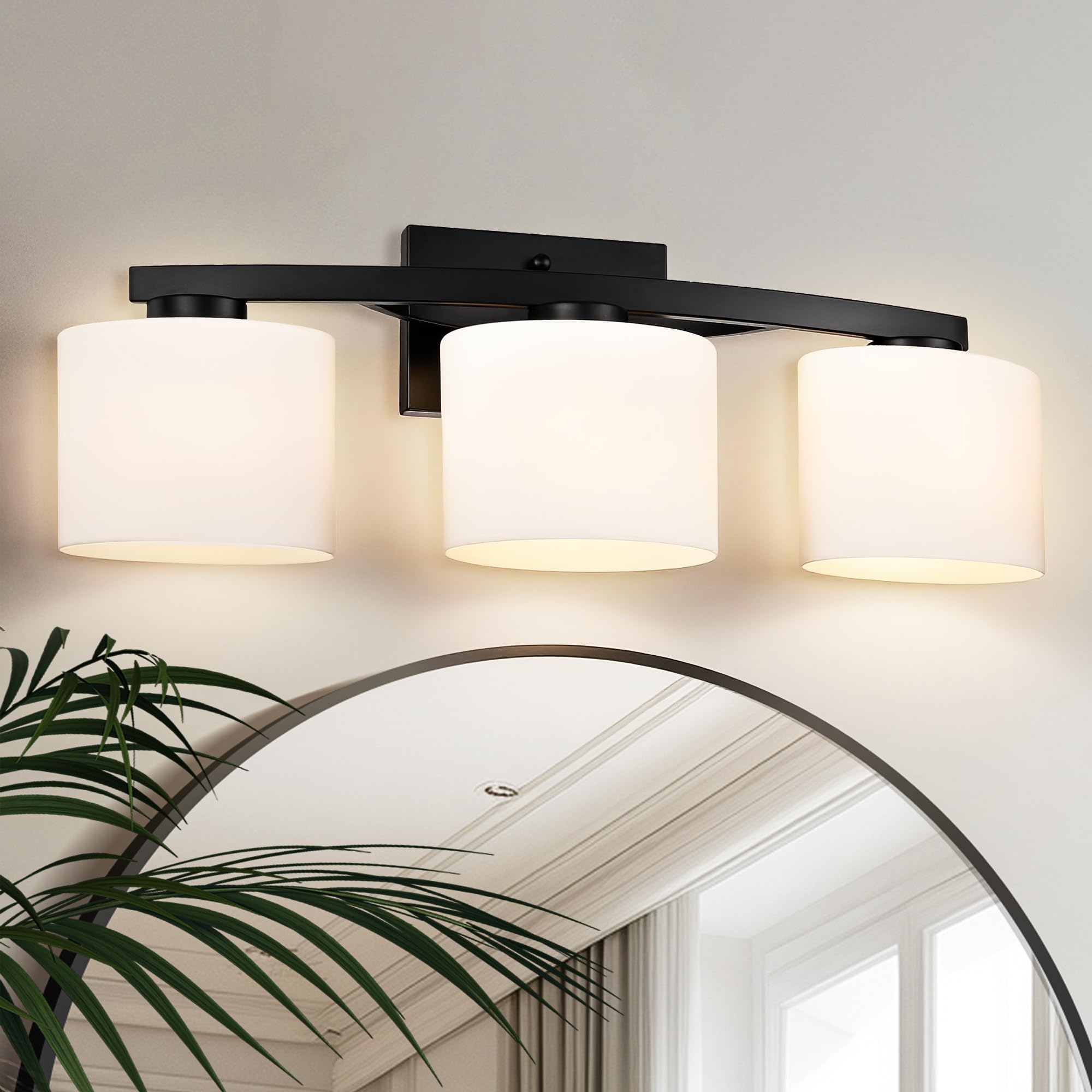Edvivi Bathroom Light Fixtures, 3-Light Modern Matte Black Vanity Light Over Mirror, Wall Sconces with Oval-Shaped White Glass S