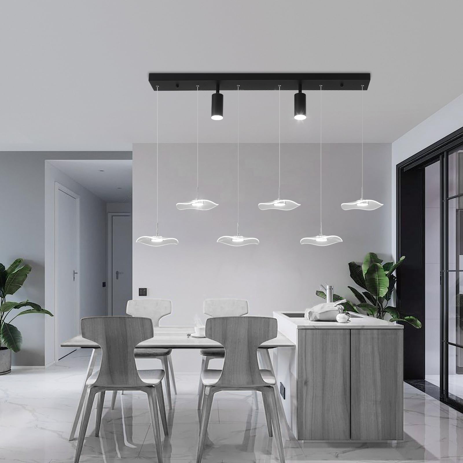 Siittoo 40in Modern Dimmable LED Chandelier, Adjustable Height, 6-Light Acrylic Pendant Light, Transparent/Black Petal, Remote Control