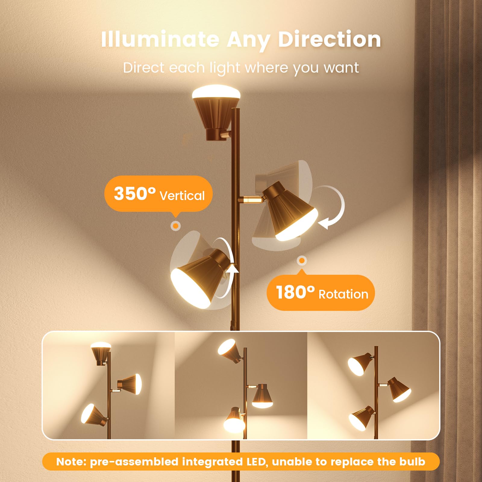 SIBRILLE 36W LED Tree Floor Lamp - Dimmable, Remote & Touch Control, Brown, Model H107812