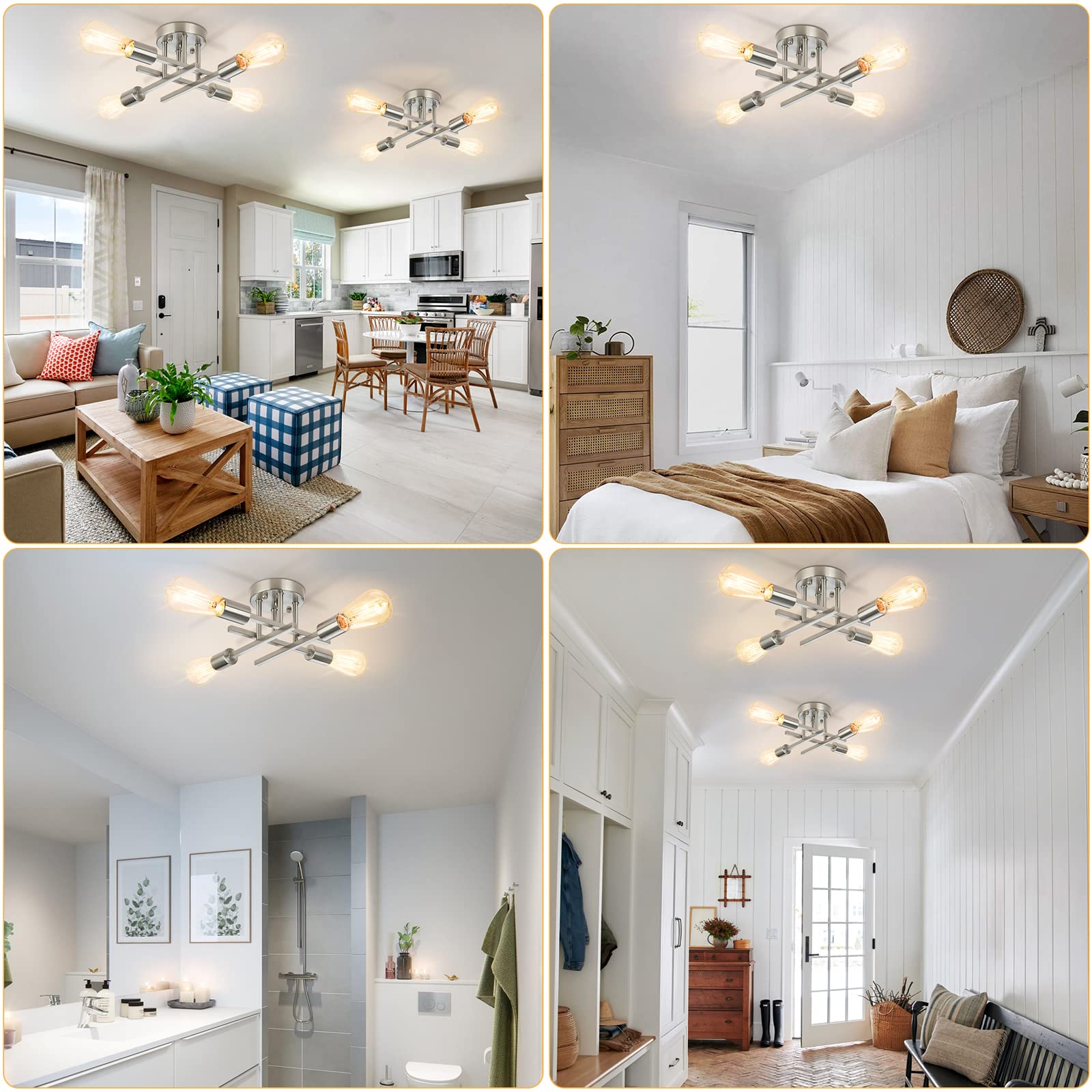 Sunrider 2-Pack Industrial 4-Light Semi Flush Mount Ceiling Light Fixture, Brushed Nickel, Silver Farmhouse Rustic Sputnik Chand