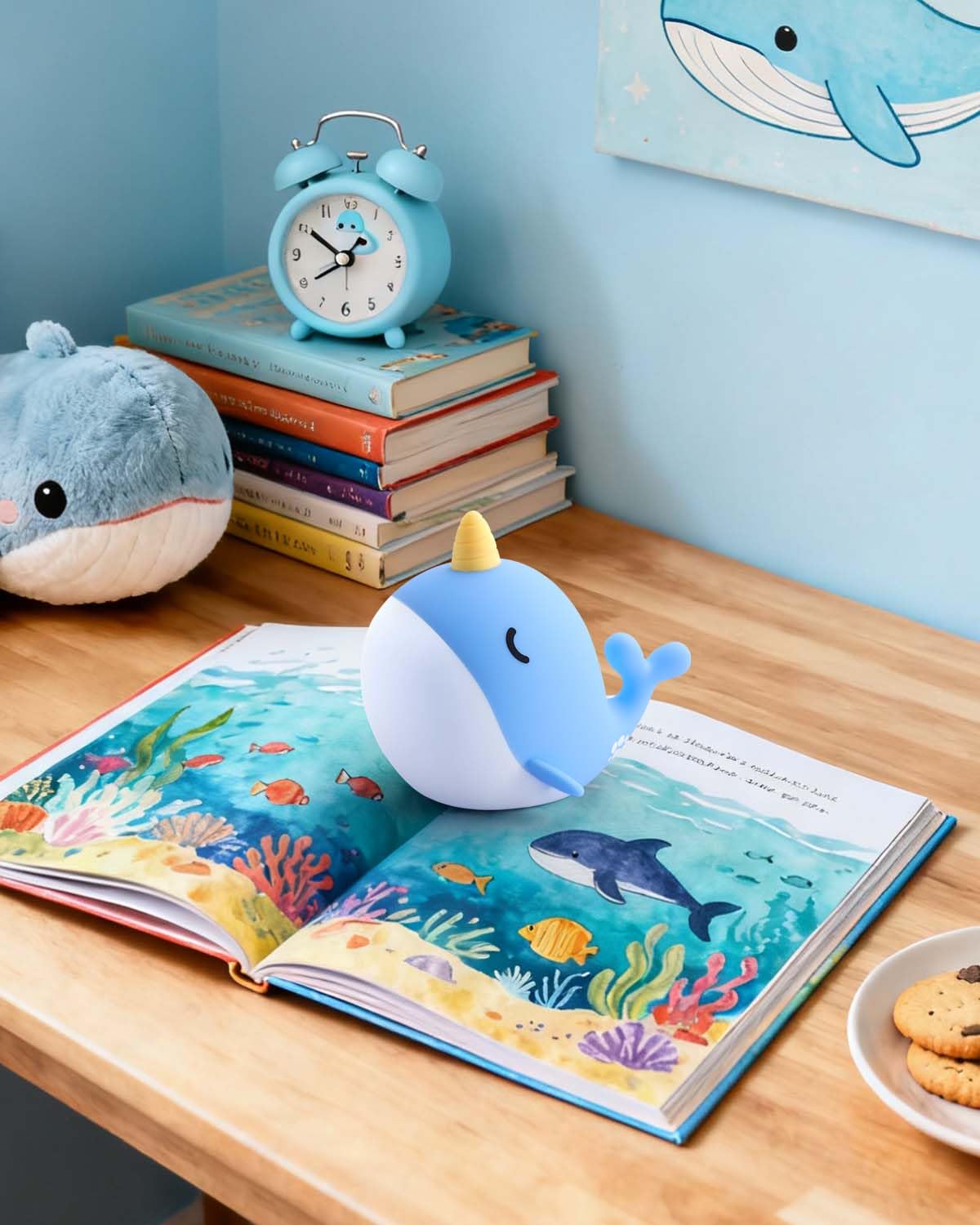 Fuloon Narwhal Night Light - Squishy Silicone Kids Lamp, USB-C Rechargeable, Blue, Small, Model DH-BFLD30
