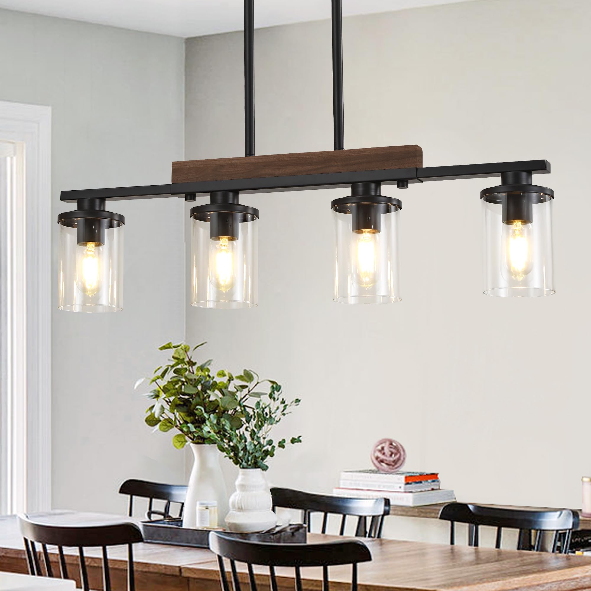 29.3'' Kitchen Pendant Lights, 4-Light Dining Room Light Fixture Chandelier Over Table, Black Modern Rustic Wood Ceiling Pendant