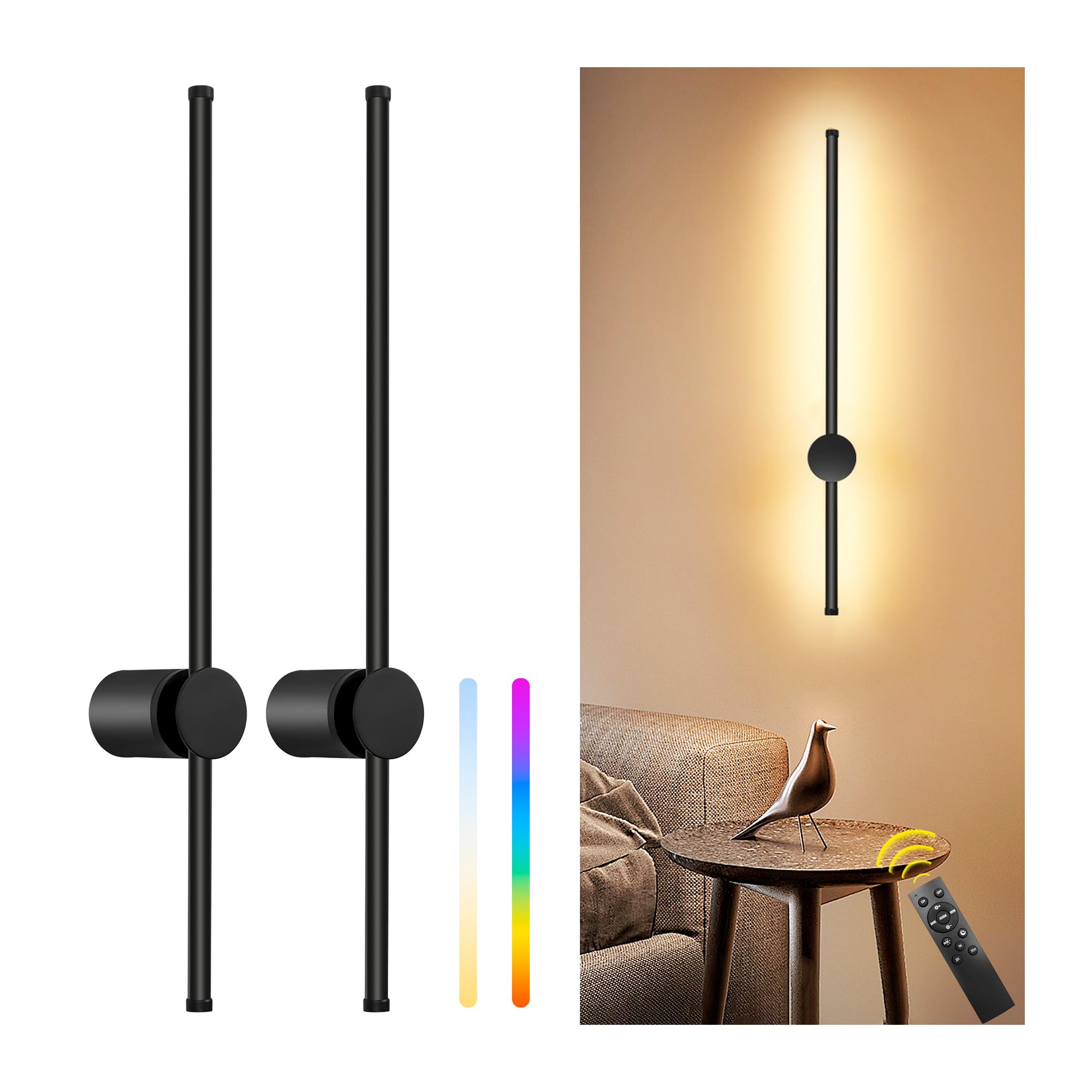 GOODATE 23.6 Inch Battery Operated Wall Sconces Set of Two, Dimmable LED, Remote Control, Black, 12000mAh Rechargeable, Model DC-CGZ