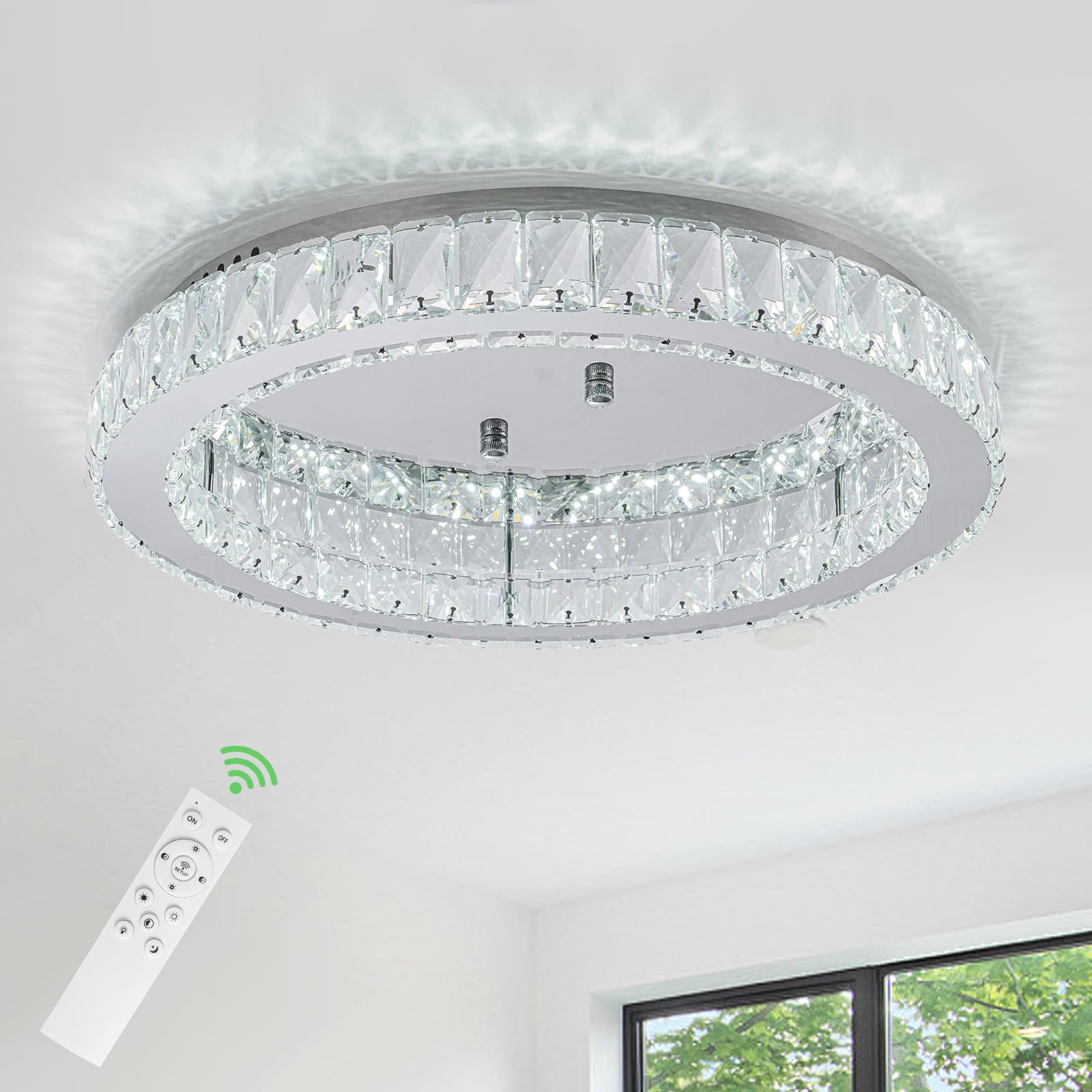 Hopggie 18'' Crystal Chandelier With Remote Control Led Flush Mount Ceiling Light Fixtures Modern Round Ring Chandelier Light Fo