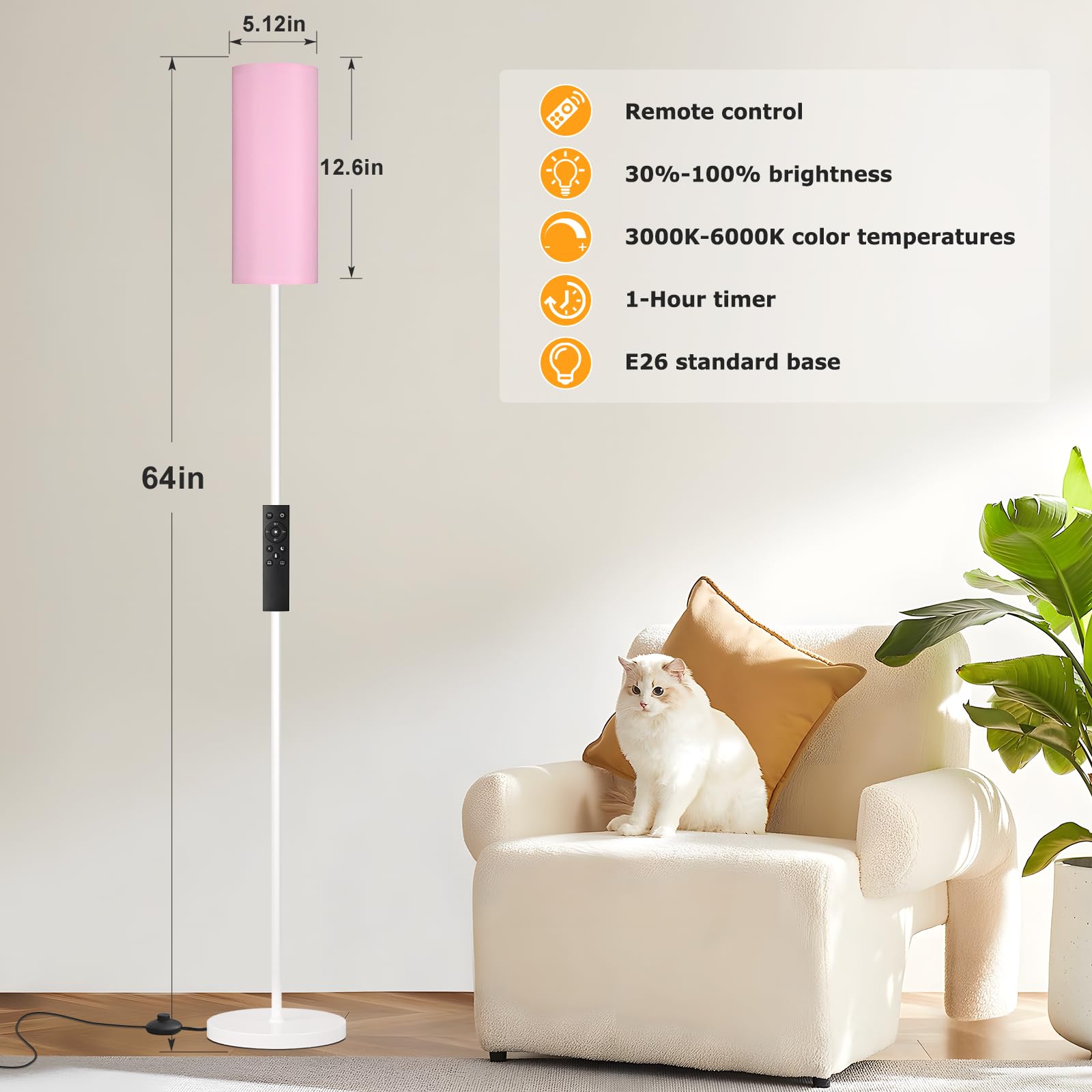 Ambimall Floor Lamp with Remote Control, Dimmable Brightness, 64.57in Metal, Pink & White, Model RPT-ZGB50513