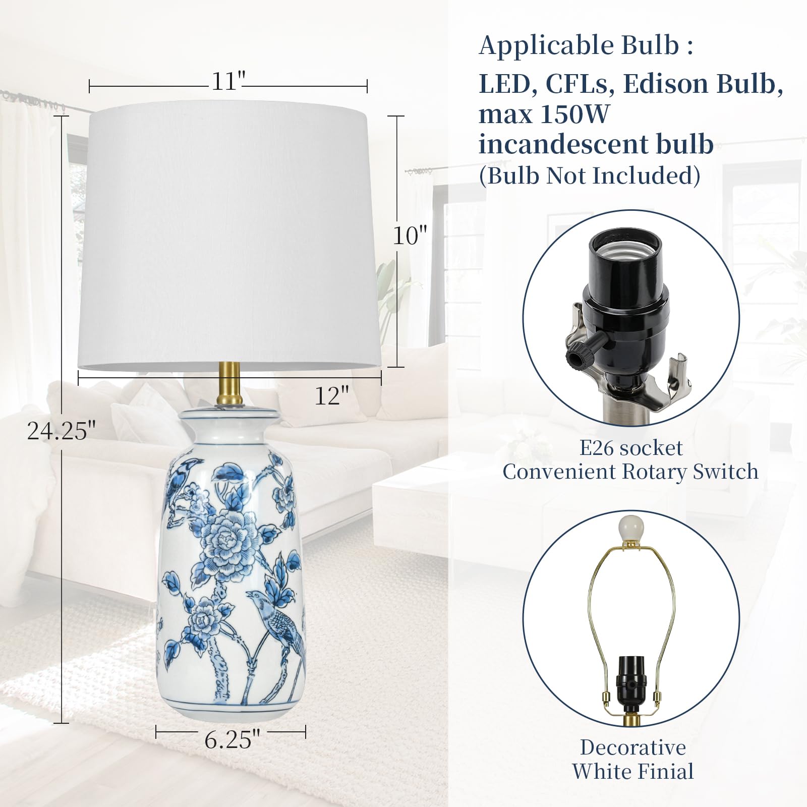 EUO Blue Ceramic Table Lamp - 24.25" Traditional Design with Blue Birds & Flowers for Living Room, End Table, Nightstand - Model TL-203-BU