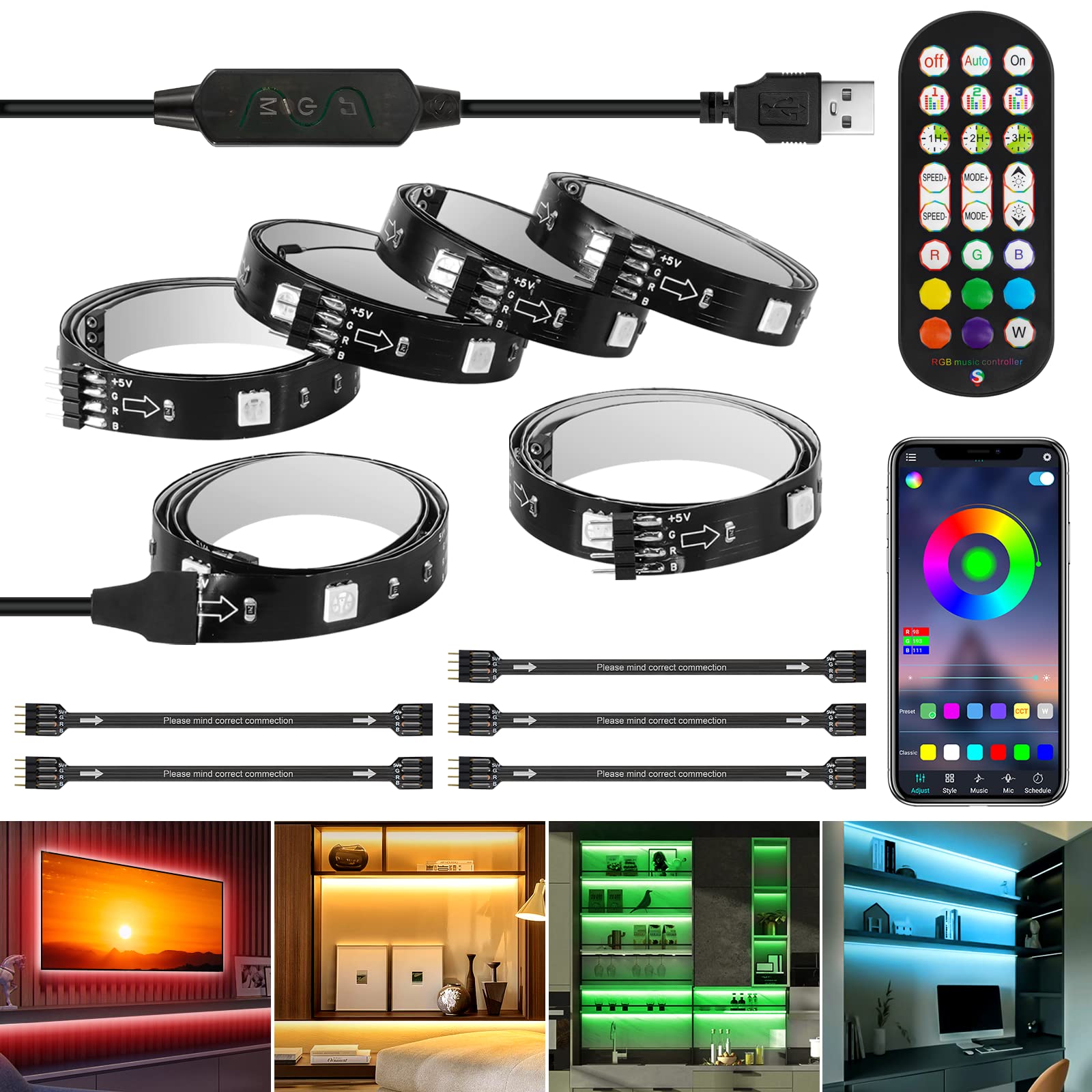 Houhui Led Strip Lights, 10Ft Rgb Tv Backlight, 6 Pre-Cut 1.64Ft, App & Remote Control, Music Sync, Usb Bias Lighting For Bedroom & Cabinet