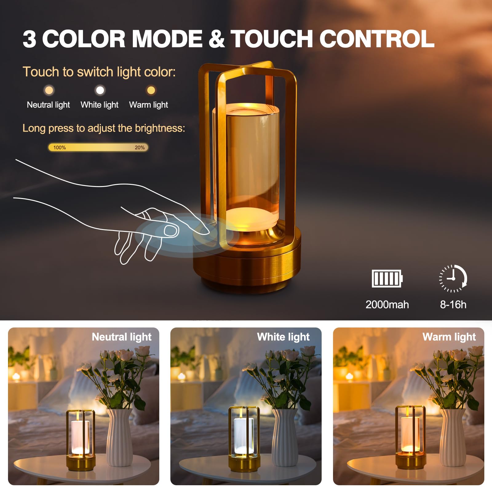 Kipliko Cordless Table Lamp With Touch Sensor,Crystal Lantern Lamp,Set Of 2,Rechargeable Cordless Led Lamp,3 Color Stepless Dimm