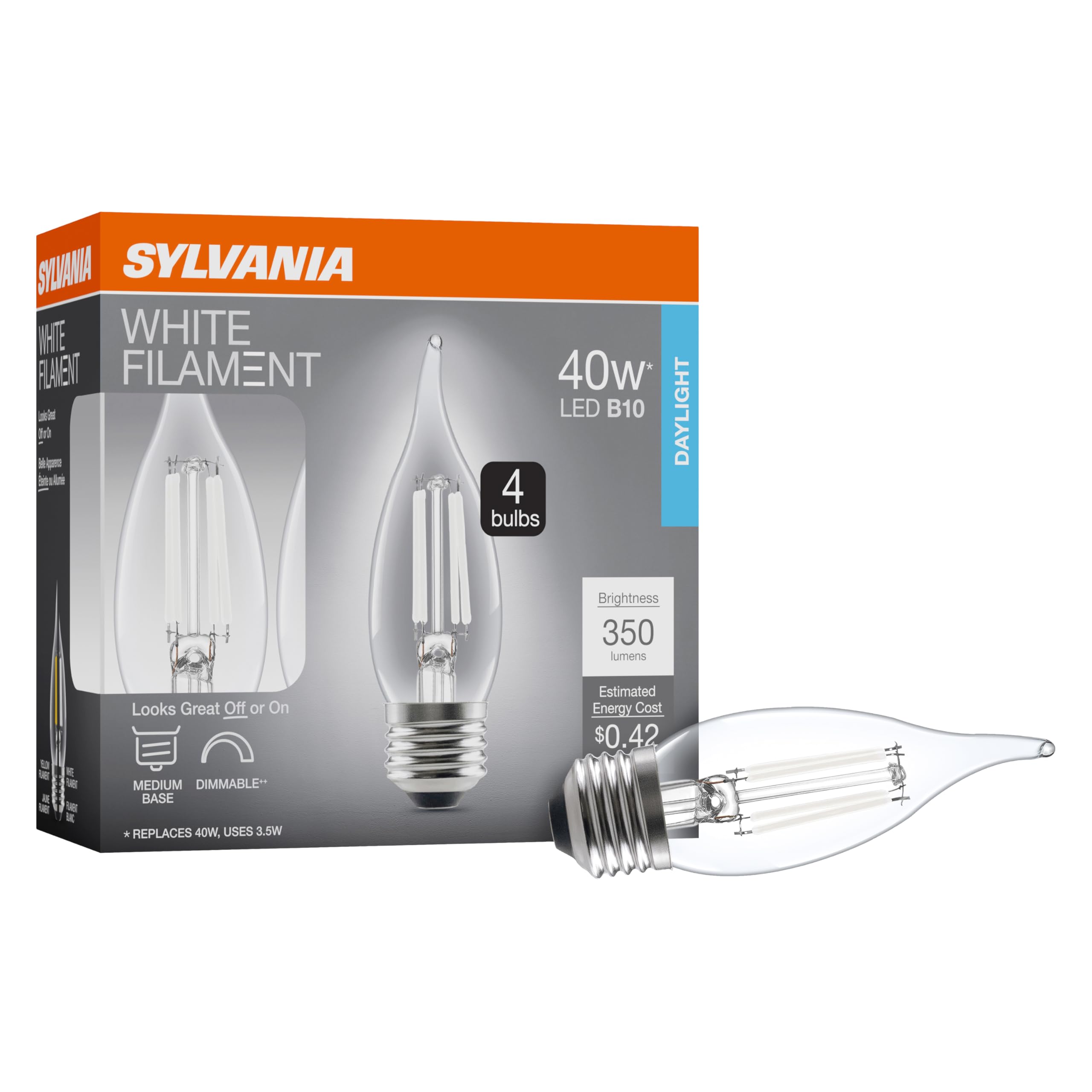 Sylvania B10 Clear Led White Filament Bulb, 3.5W, Dimmable, 350 Lms, Medium Base, 5000K, Daylight - 4 Pack (42257)