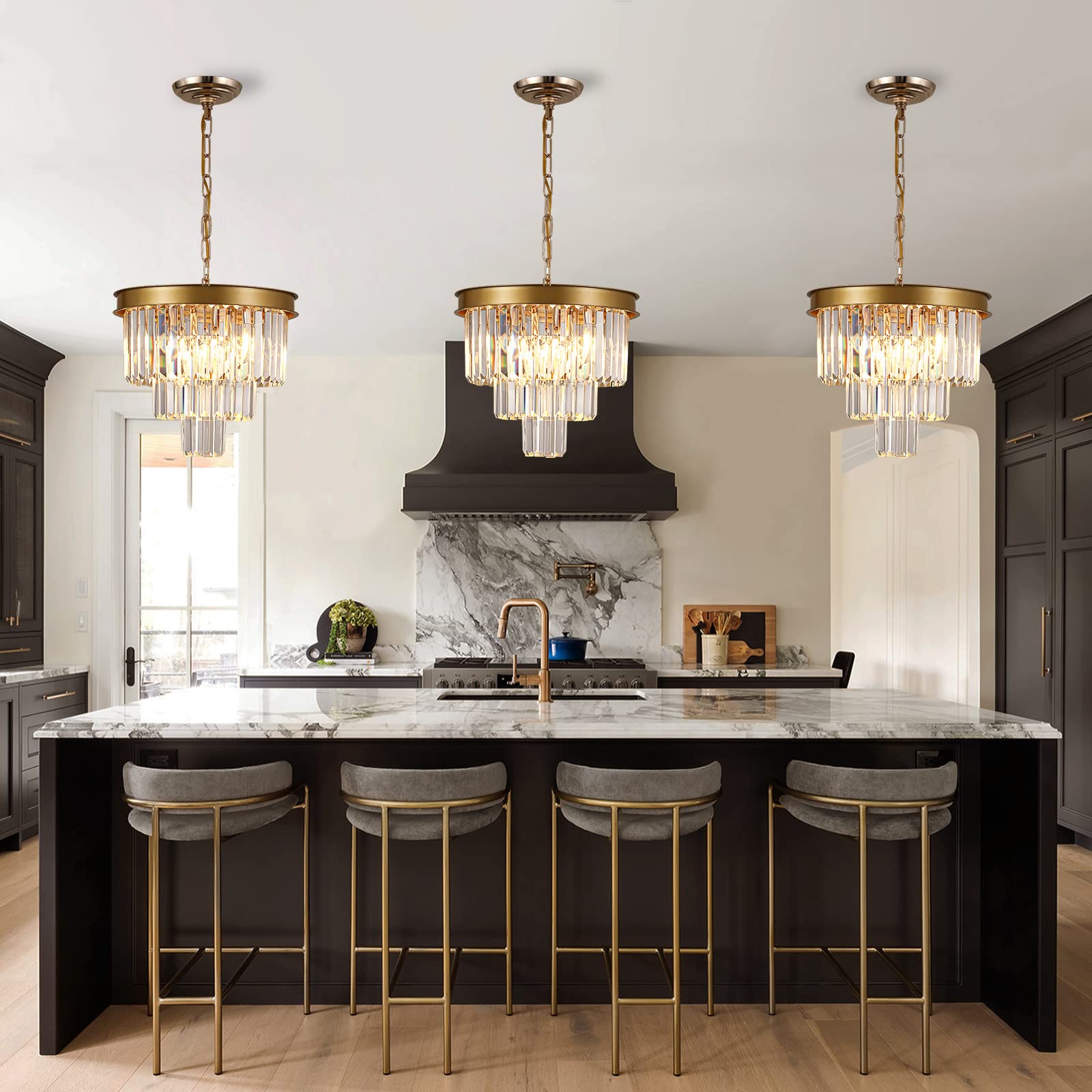 A AXILIXI Gold Crystal Chandelier 16" Modern Dimmable Ceiling Light Fixture for Dining Room, Foyer, Kitchen Island, Model DH88318-400