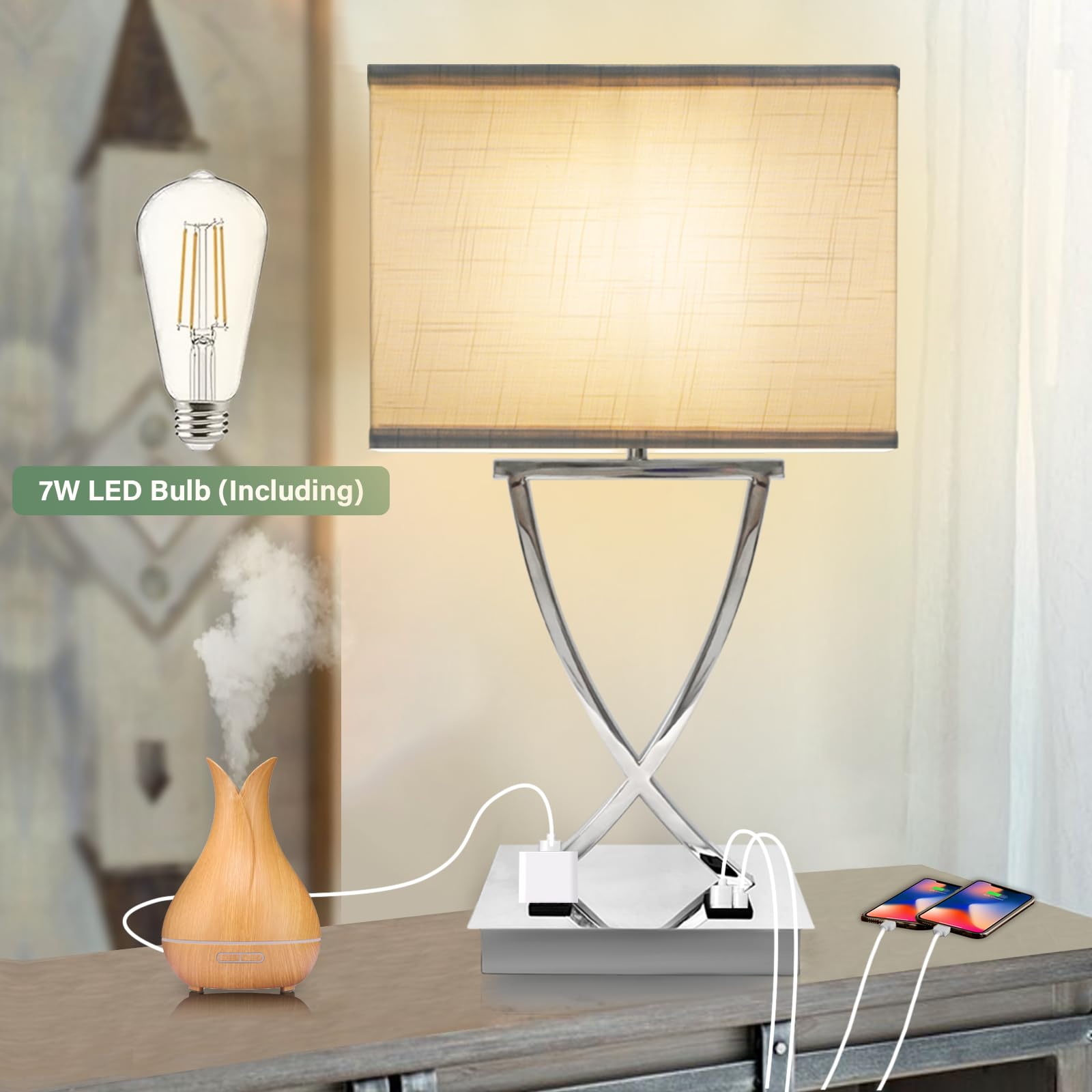 Oyedis 21.38'' Table Lamp For Bedroom Living Room 3-Way Dimmable Touch Control Medium Chrome Bedside Lamp With Usb A+C Ports