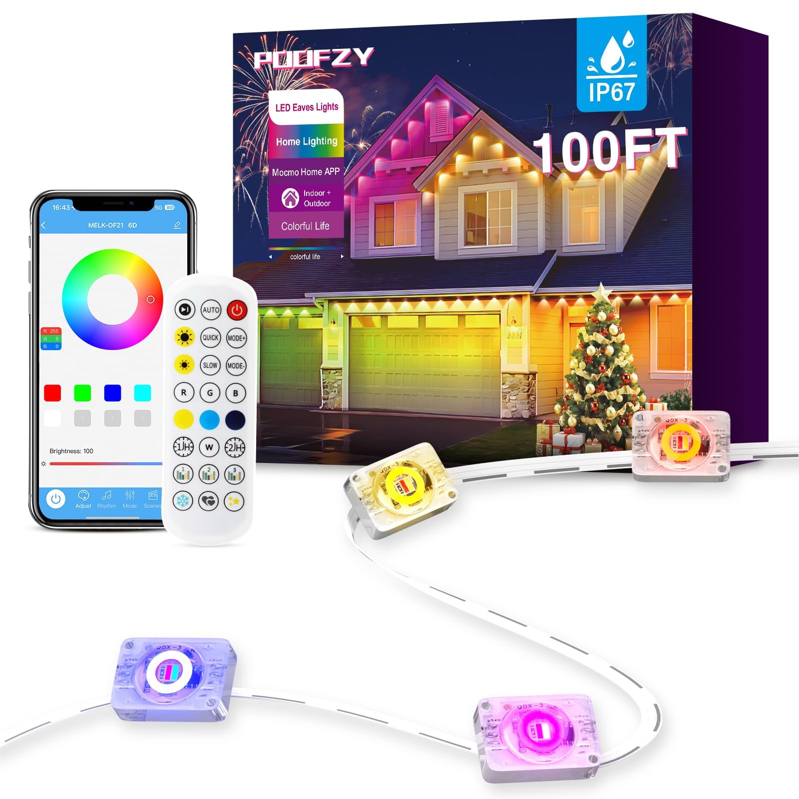 POOFZY 100ft RGB+IC Smart Outdoor Lights, IP67 Waterproof, 50 Scene Modes, Remote/App Control, White, Model HCP045