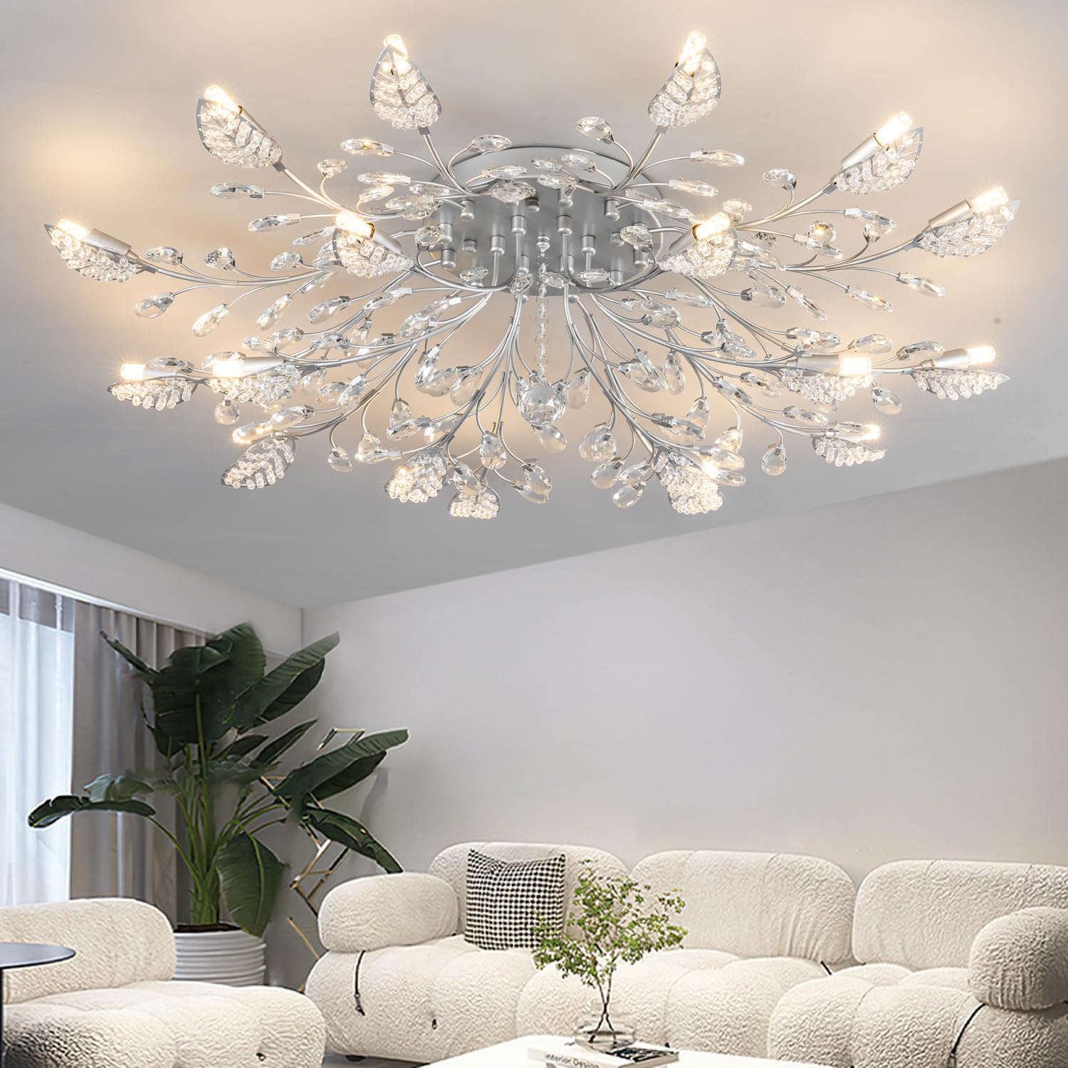 Modern Crystal Ceiling Light Fixture,Silvery Semi Flush Mount Chandeliers,Crystal Leaf Ceiling Light, Chandeliers For Dining Roo