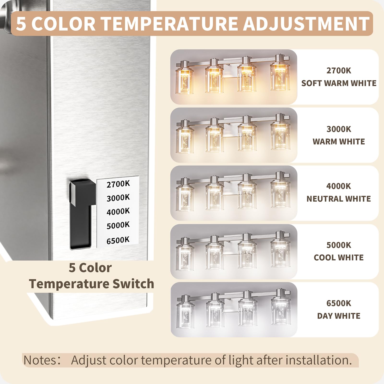 Quntis Brushed Nickel 4-Light Dimmable Bathroom Vanity Light, 5 Color Modes, Led Wall Lamp