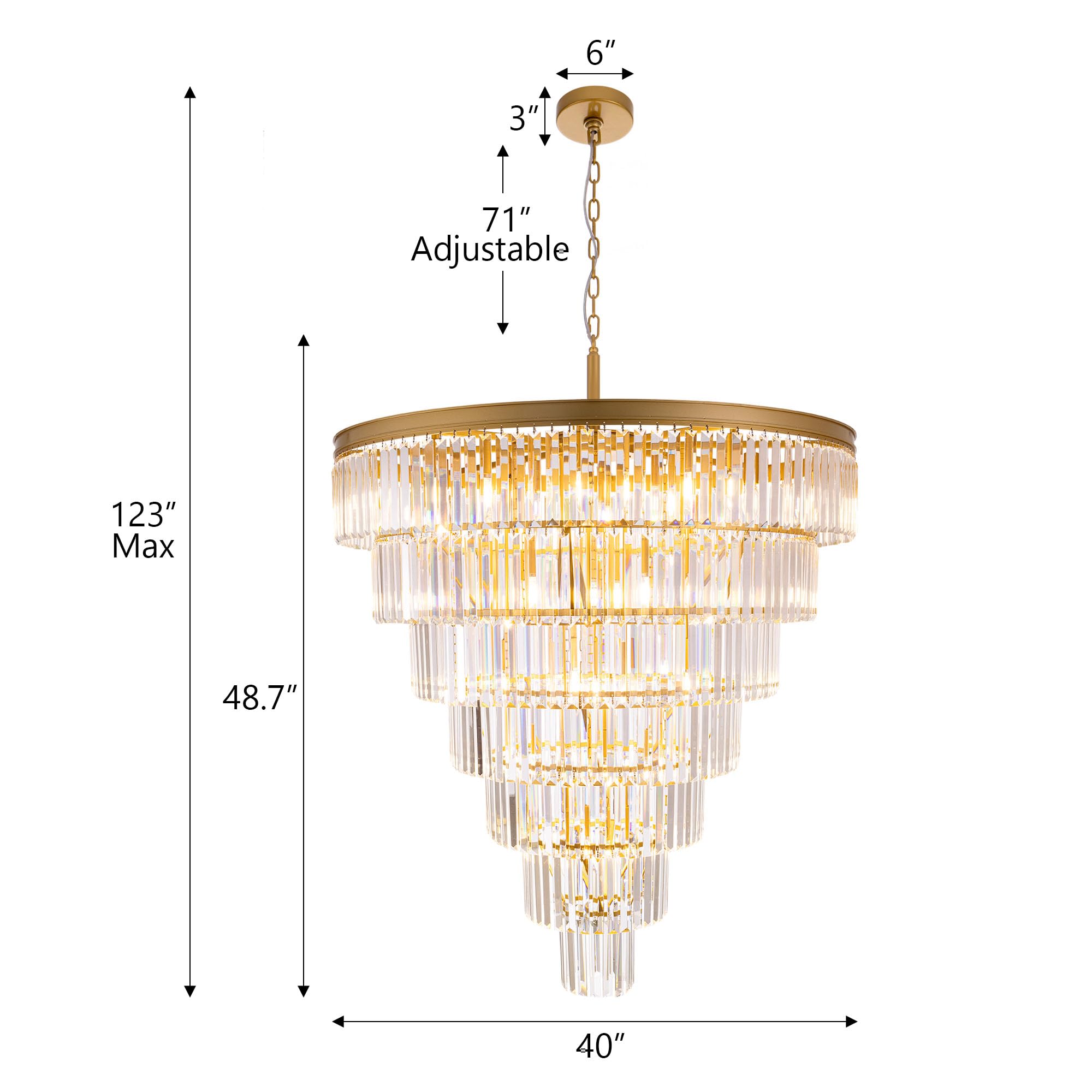 TOCHIC 40-Inch Gold Crystal Chandelier, 7-Tier K9 Raindrop Light Fixture for High Ceiling Entryway, Staircase, Living Room, Dining Room