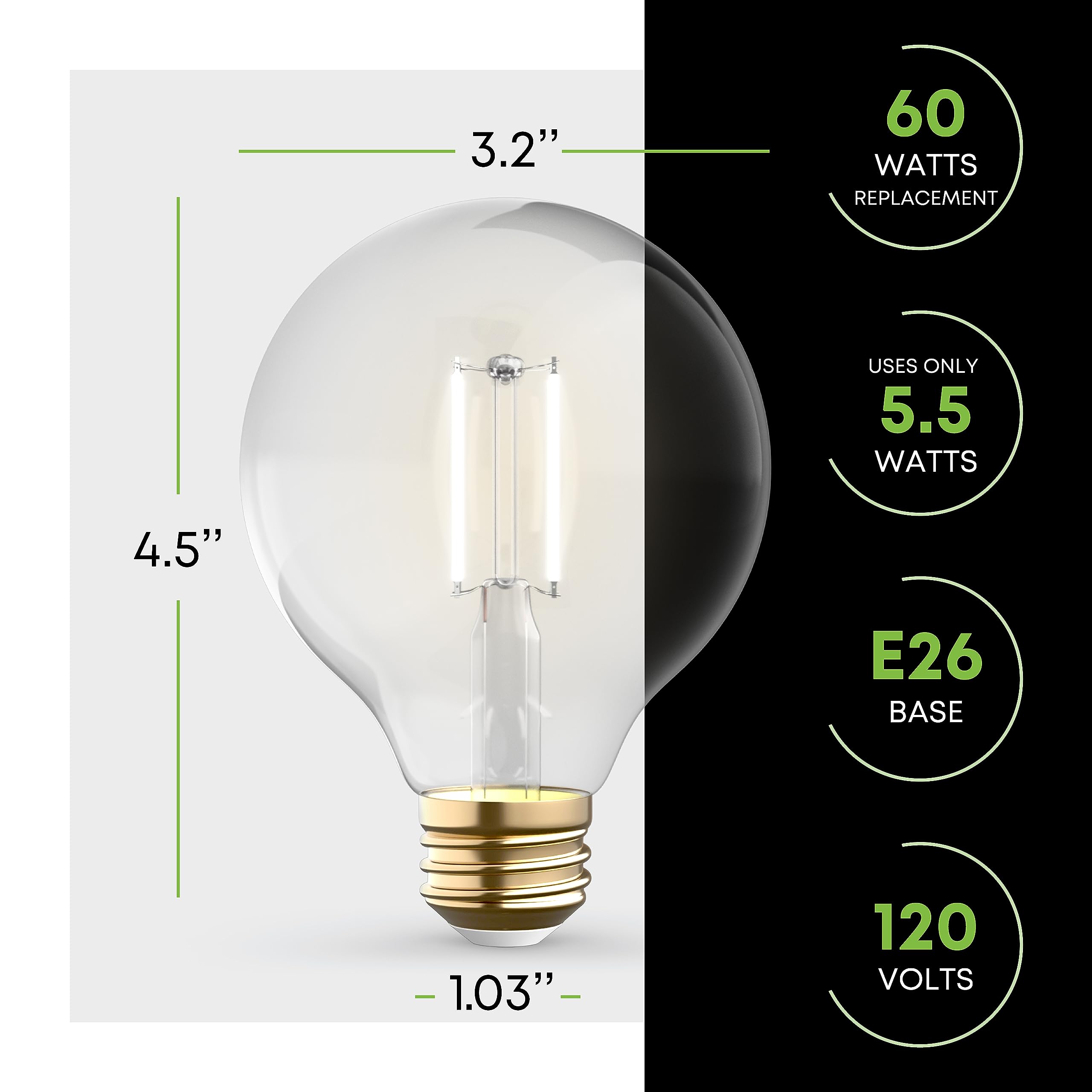 Kor 4 Pack 5.5W (60W Equivalent) Clear G25 Globe Led Light Bulbs 2700K Warm White Dimmable Filament G25 Vintage Led E26 Base Dim