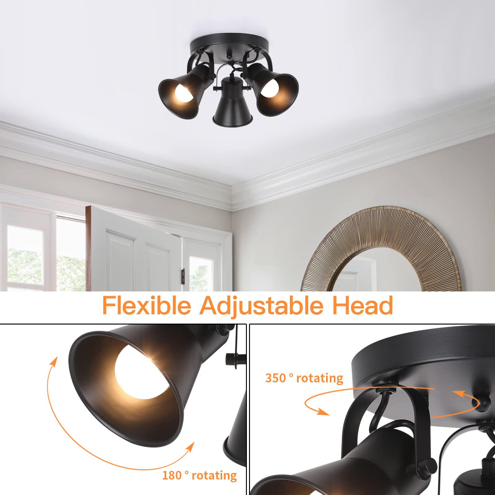 SEEBLEN 3-Light Industrial Track Lighting, Adjustable Black Metal Flush Mount for Kitchen, Hallway, Dining Room, Bathroom.