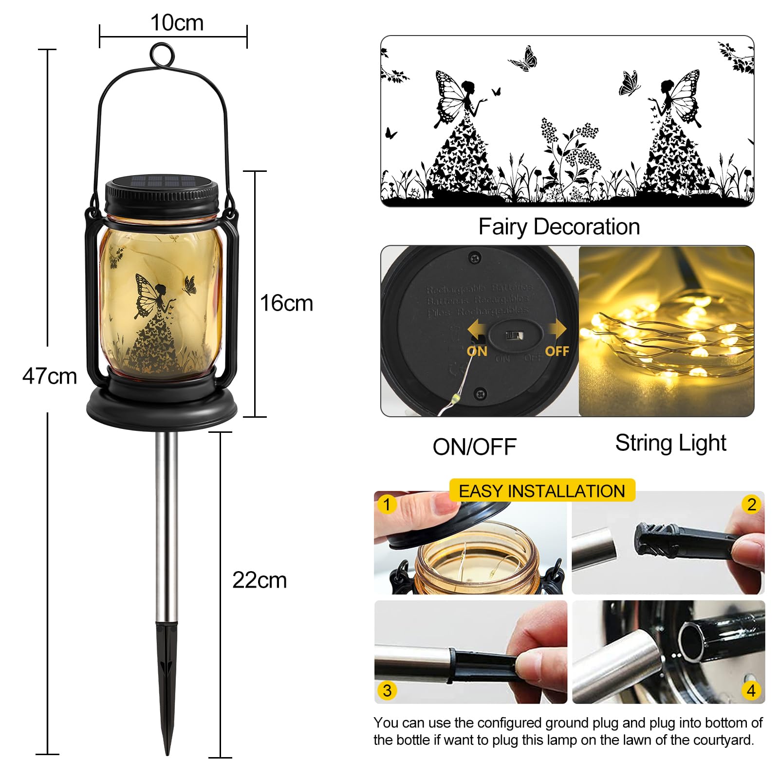 Yjfwal 2 Pack Outdoor Hanging Solar Lanterns, Fairy Butterfly Vintage Glass Mason Jar Solar Fairy Lights, Gifts For Mom, Grandma