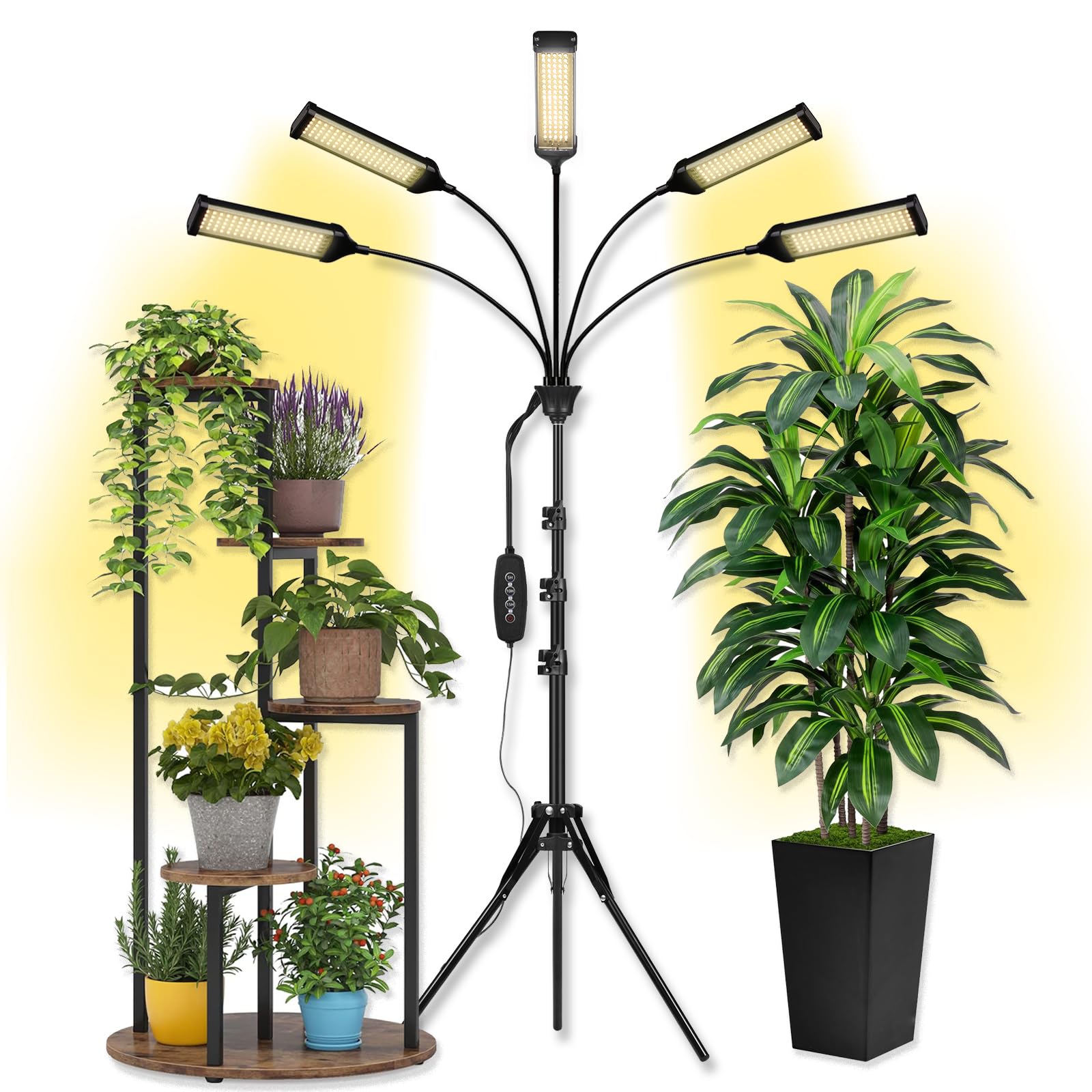 LED Grow Lights for Indoor Plants Full Spectrum 5 Heads Light Indoor Grow Lamp with Timer and Auto On/Off Timing 5/10/15H  450 LEDs Plant Lights for Indoor Growing with Tripod Stand.