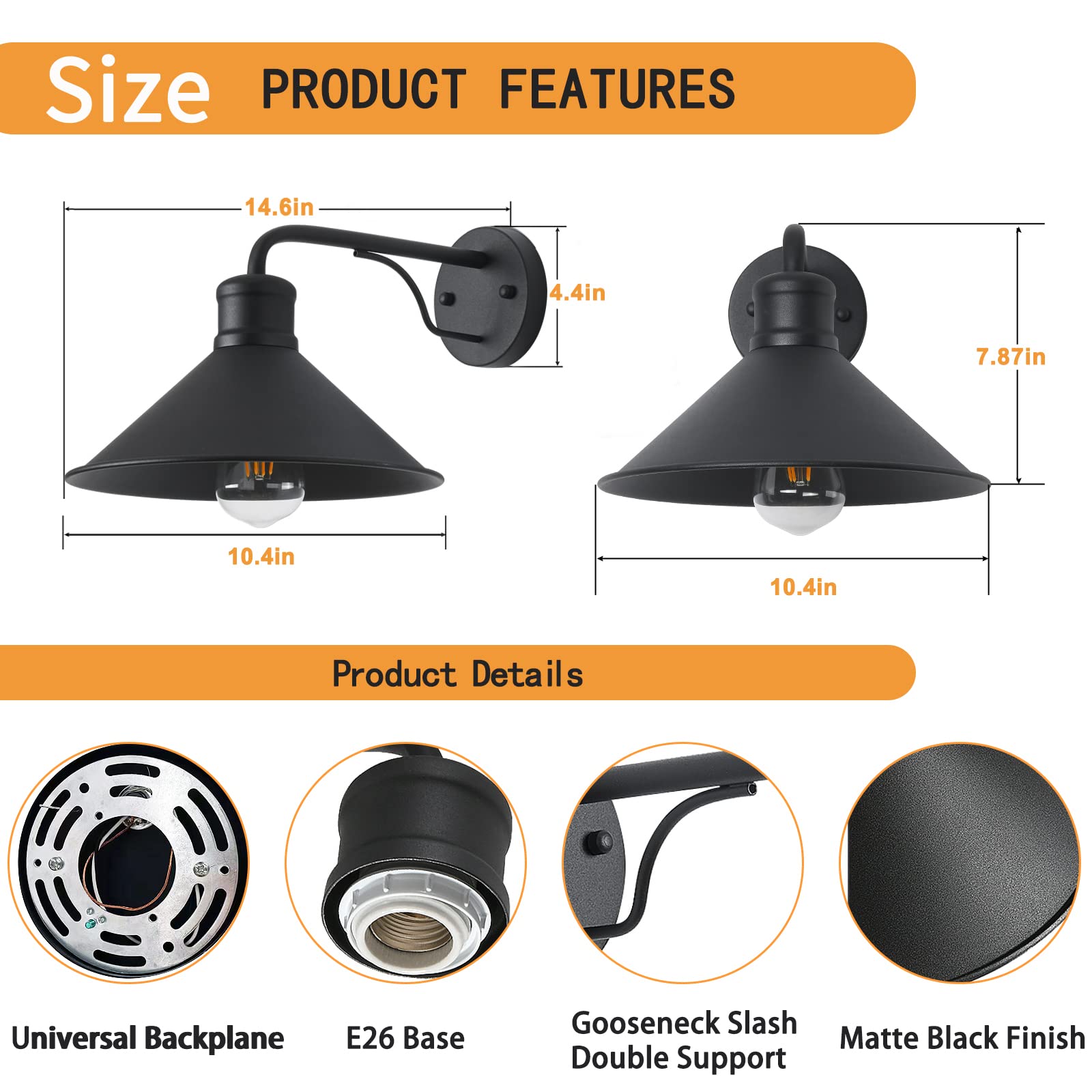 VICTOGATE Outdoor Wall Lights, Matte Black Modern Farmhouse Sconce, 2 Pack, Metal, Model V0202J-Black