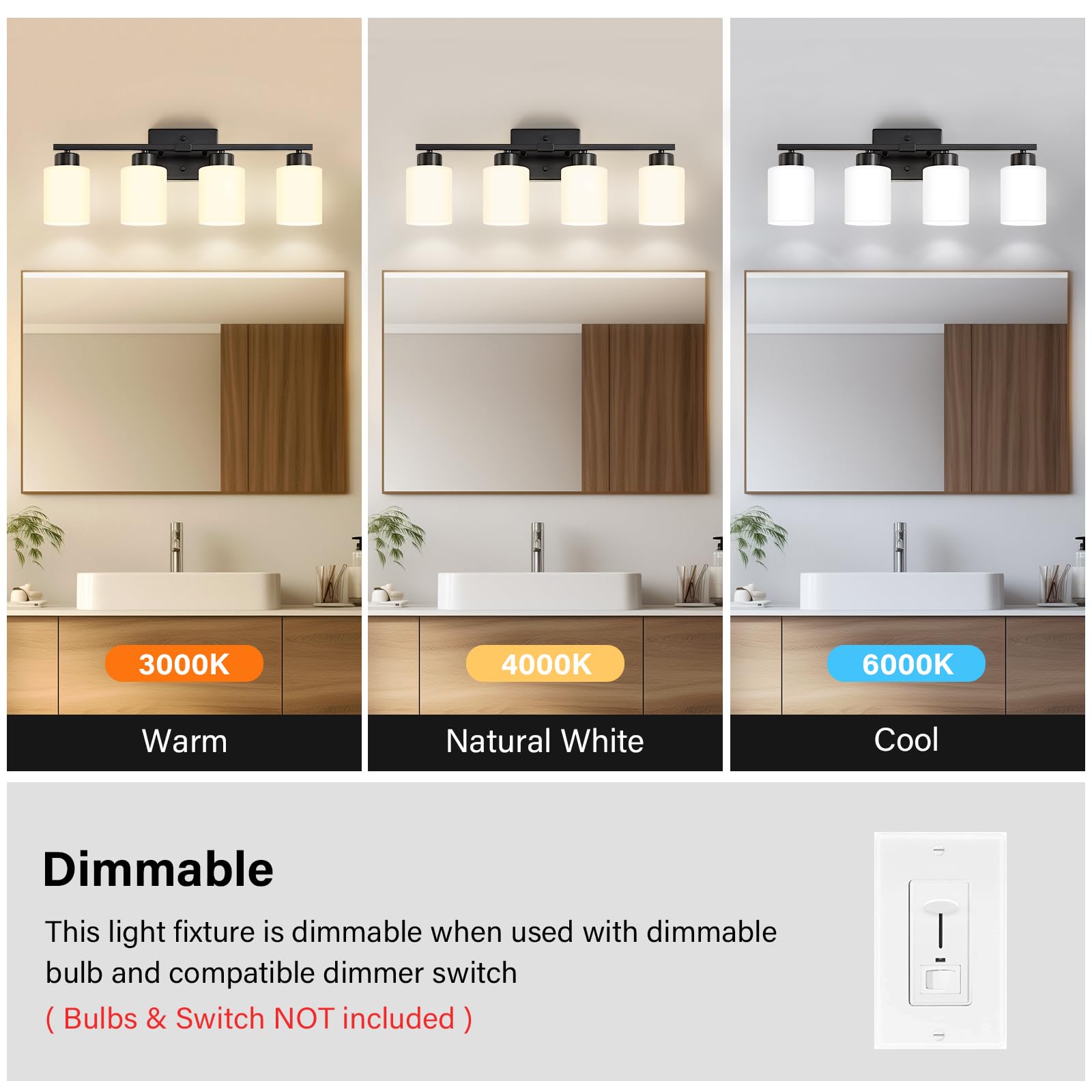 Fonmyim Black Bathroom Light Fixtures, 4-Light Modern Vanity Light Over Mirror, Wall Sconces With Milky White Frosted Glass Shad