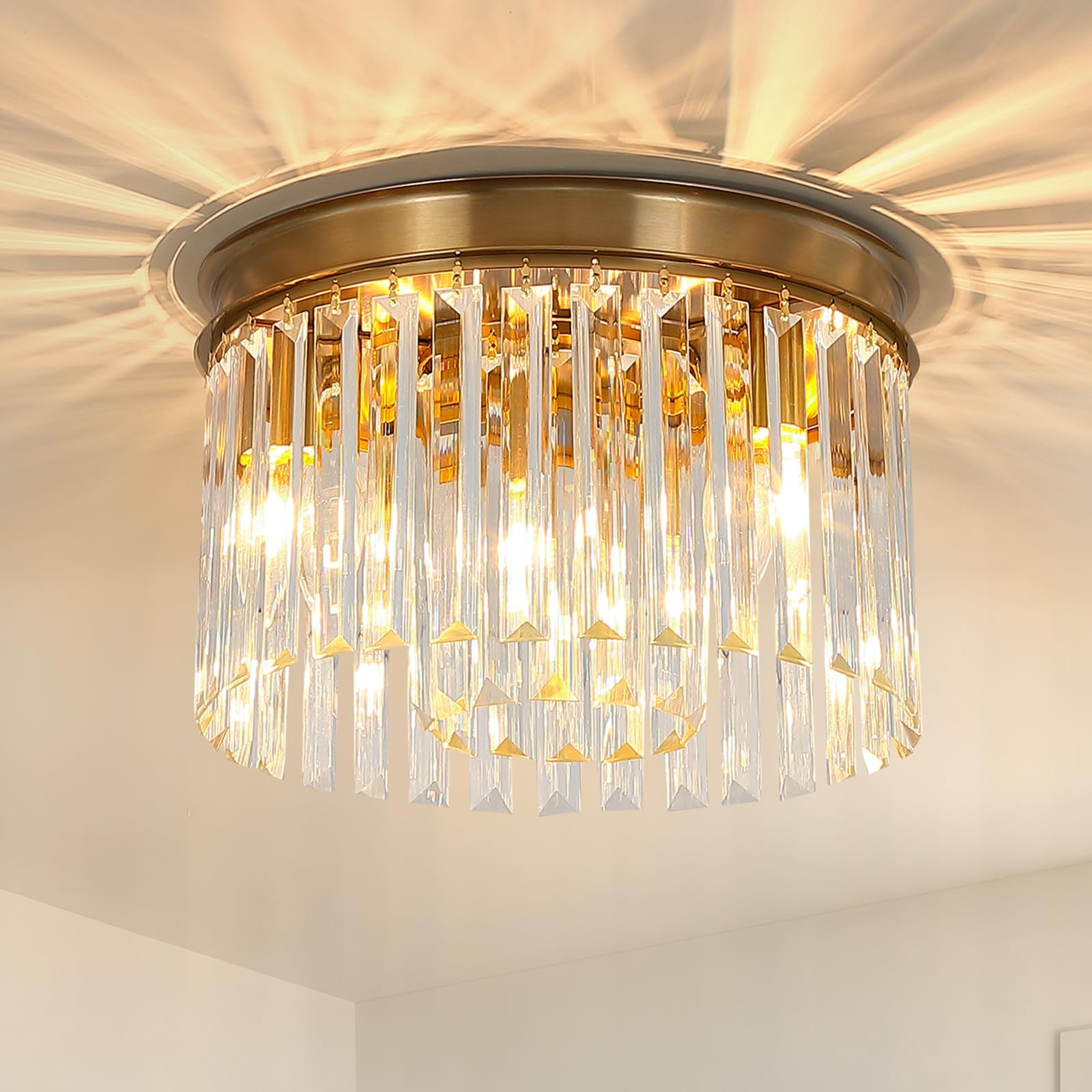 Klklch Gold Flush Mount Ceiling Light, 12 Inch Modern Crystal Light Fixture, 3-Light Semi Flush Mount Chandelier Lighting For Li