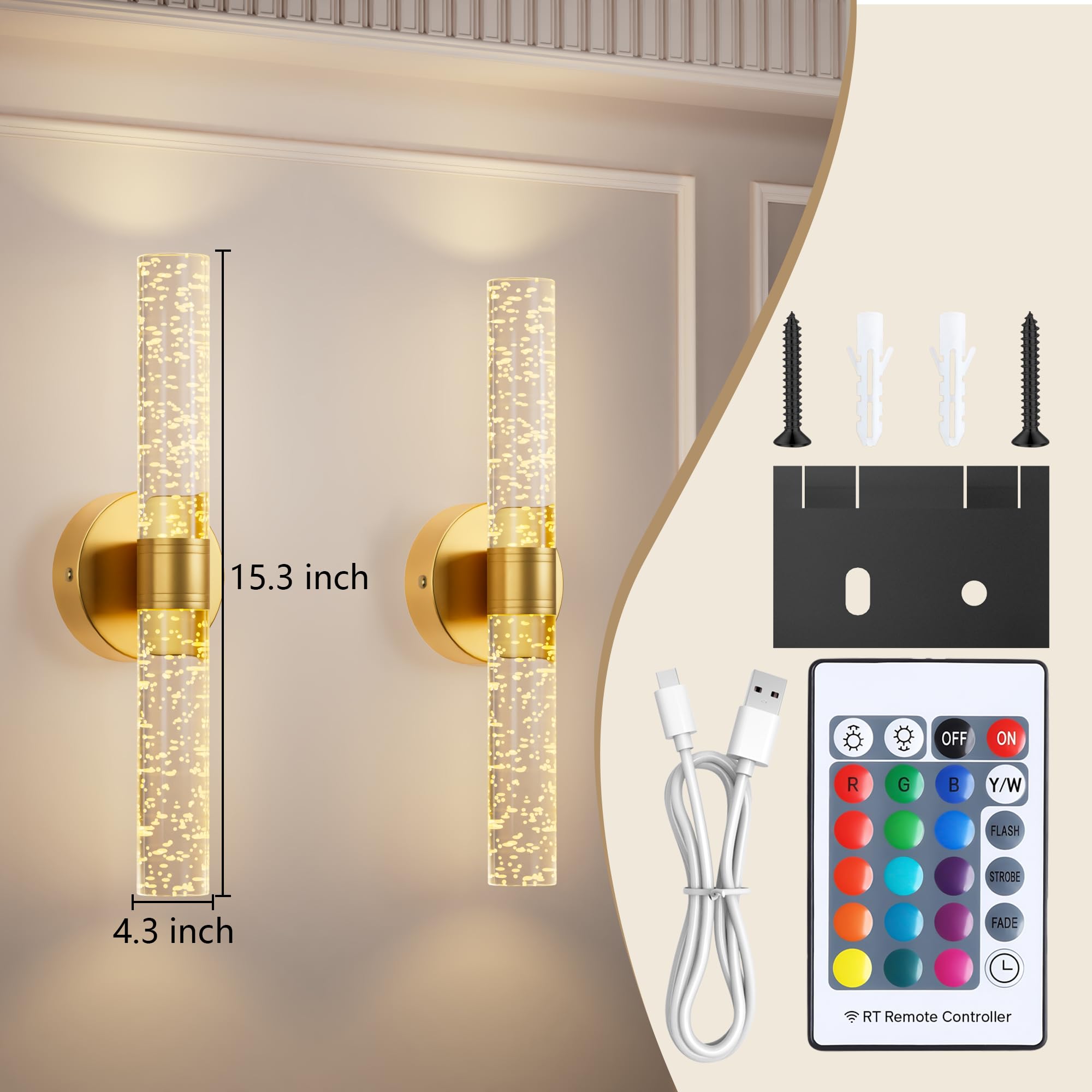 Gift4U Gold Battery Operated Wall Sconces, Set of 2, 15 Color Dimmable, Rechargeable with Remote Control, Crystal Design for Home Decor