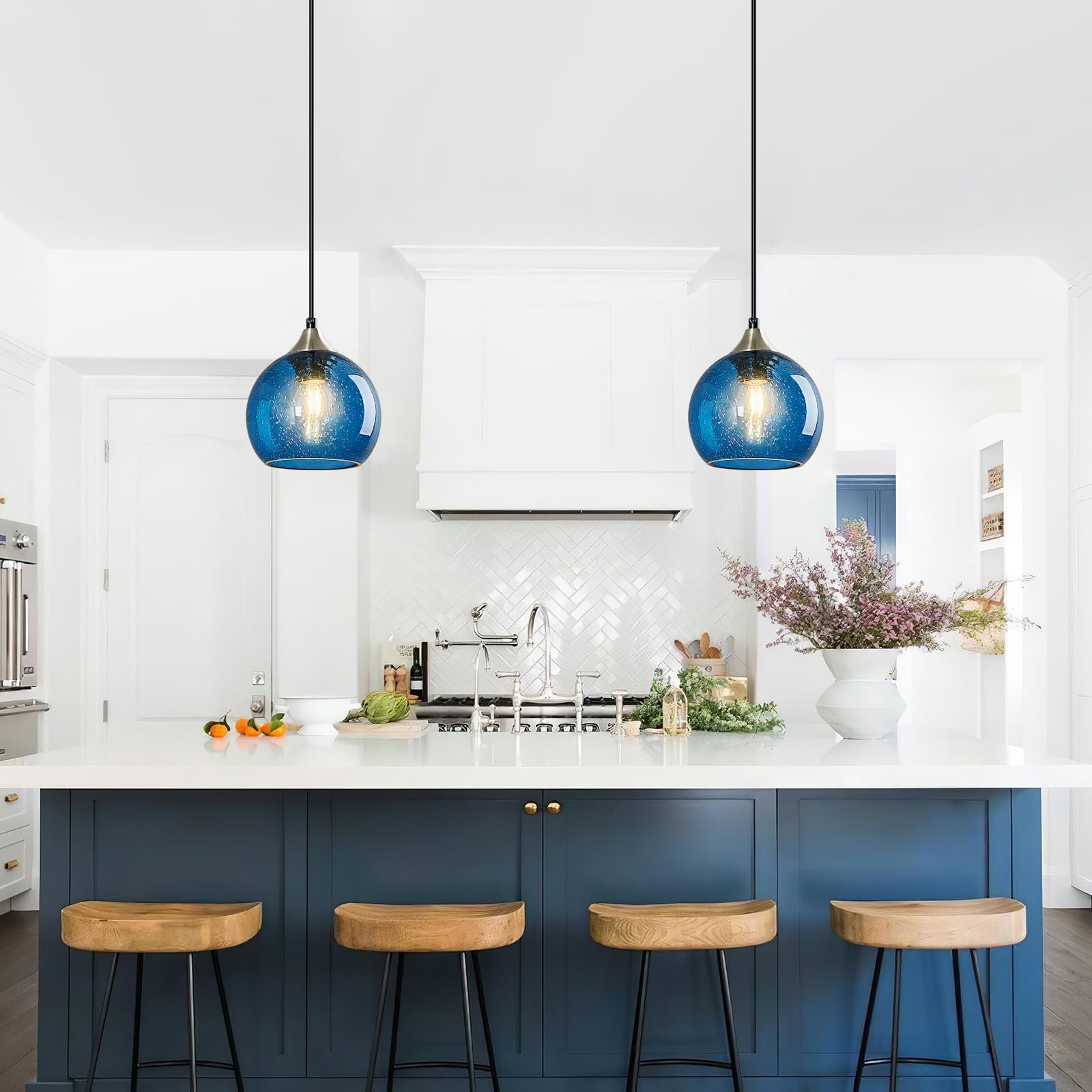 Lbsqj Blue Glass Pendant Lights Kitchen Island Lighting Globe Pendant Light Fixtures Modern Pendant Lighting For Kitchen Island Bedroom Living Dining Room Light Fixture(5.9In  1-Pack)