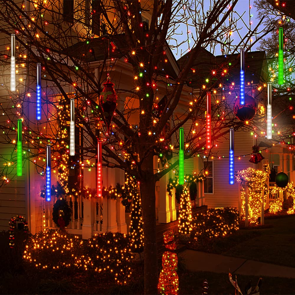 Purtuemy 12 Led Meteor Shower Rain Lights - 192 Led, Colorful, Polycarbonate, Outdoor Christmas Decorations