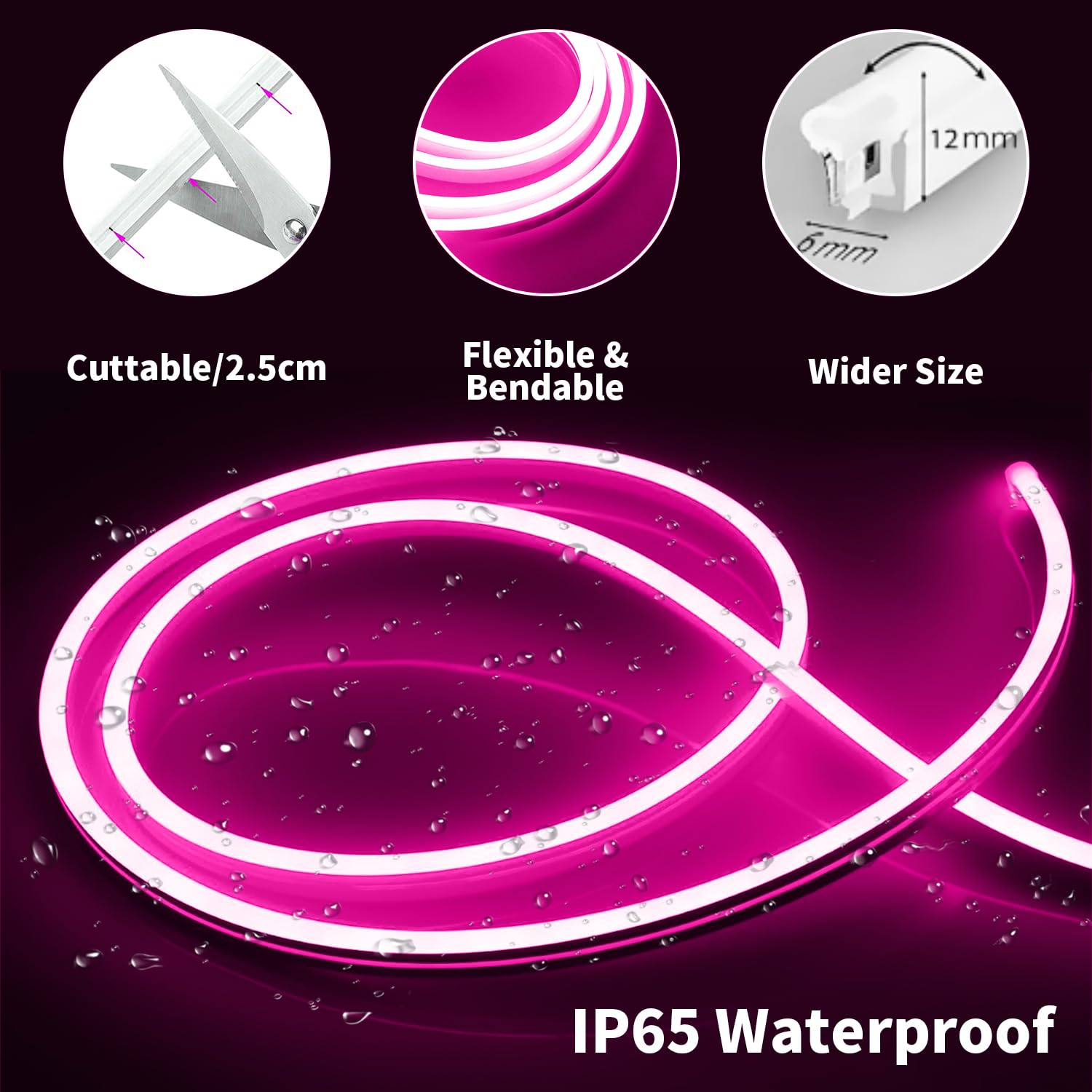 Inextstation Neon Led Strip Lights Pink, 16.4Ft/5M Neon Light Strip 12V Silicone Waterproof Flexible Led Neon Lights For Bedroom