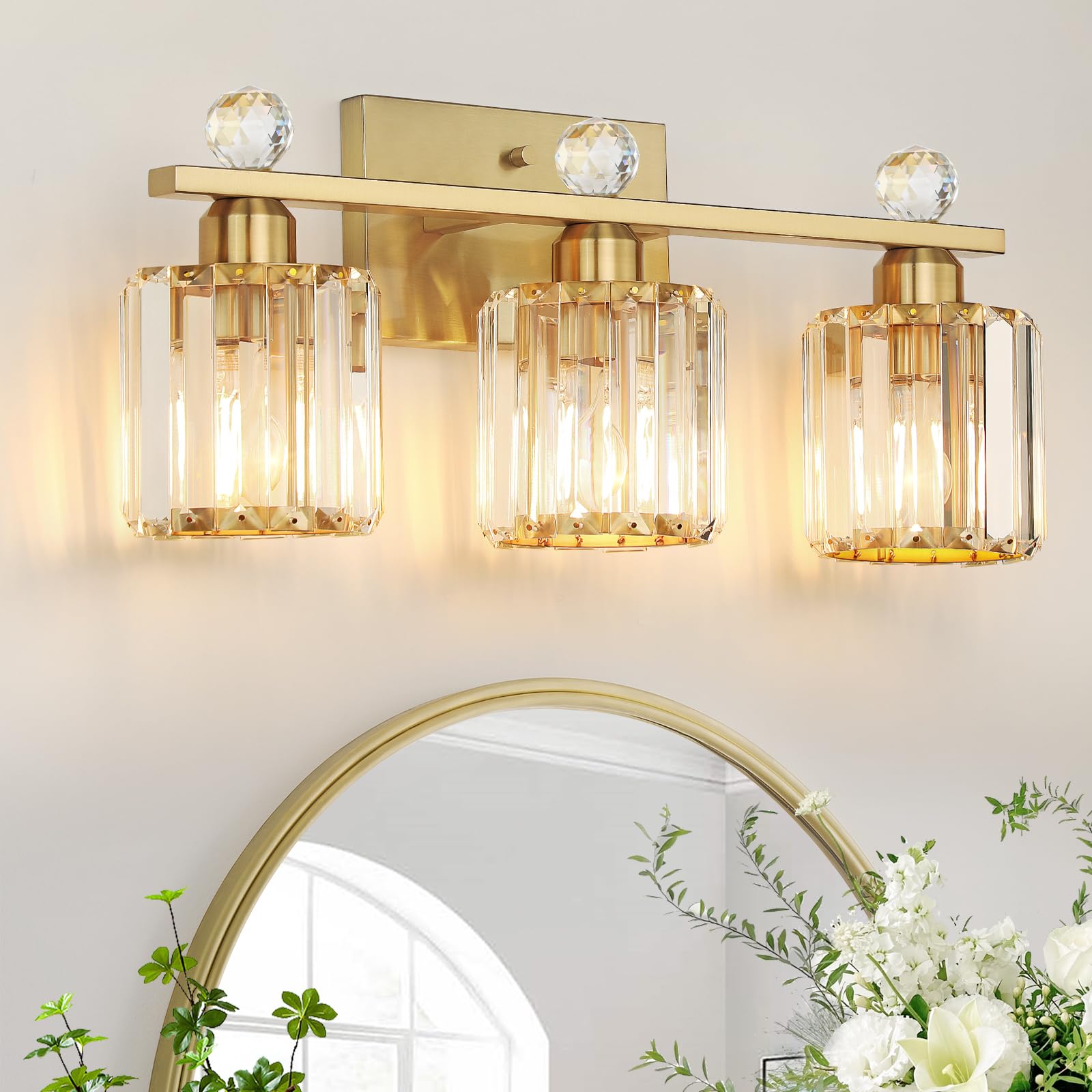 KunruiTAI 3-Light Gold Bathroom Vanity Light Fixture, K9 Crystal & Stainless Steel Wall Sconce for Mirror, Modern Design
