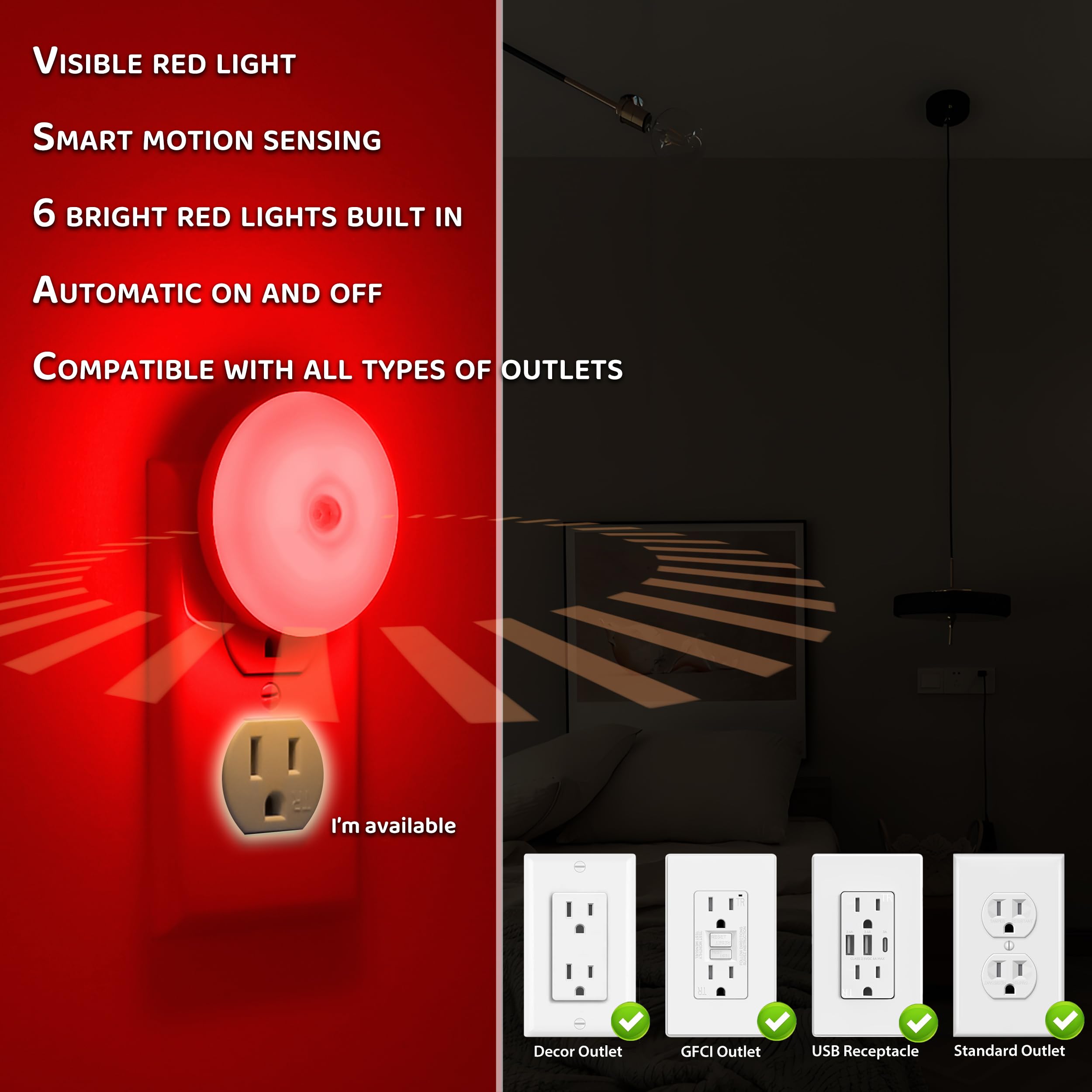 Mycozylite Motion Sensor Led Night Light, Red, Plug-In Nightlight For Home, Smart Movement Sensor, Led Night Lights Plug Into Wa
