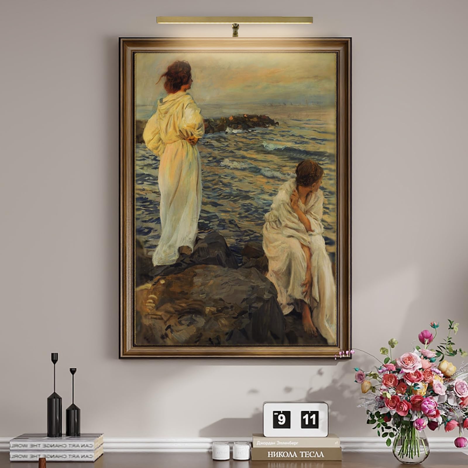 Pasoar Brass Picture Light, 16" Adjustable LED Art Light, Remote Control, Model 9899, Gold Finish