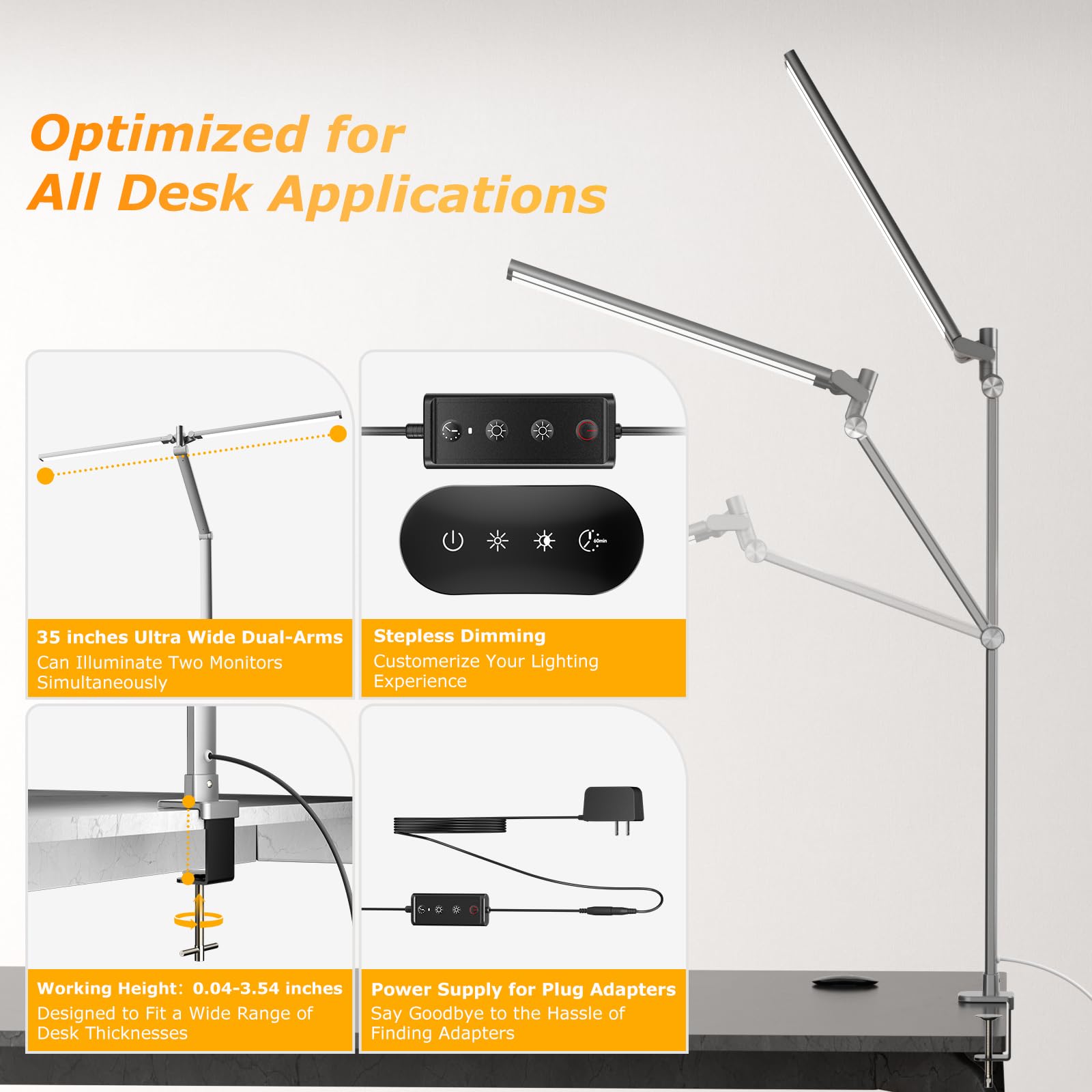 JELIMOV LED Desk Lamp, Eye Caring Architect Light with Remote, Stepless Dimming, Gray, Model L80C